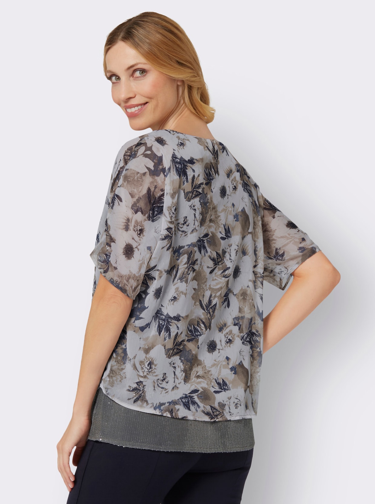 Blouse met korte mouwen - lichtgrijs/jeansblauw bedrukt