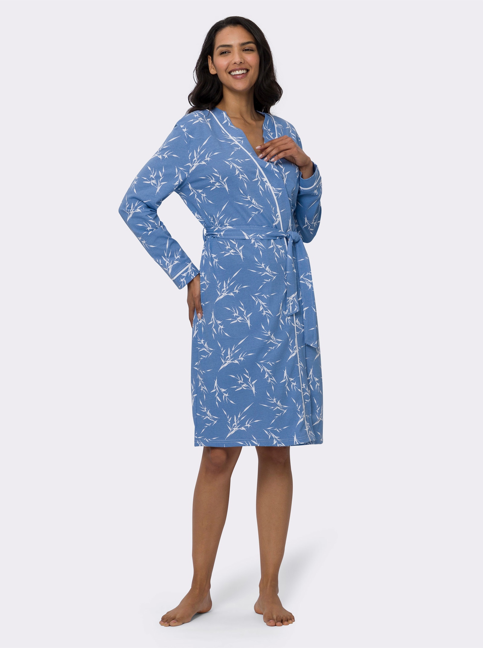 Ochtendjas van single-jersey - hemelsblauw bedrukt