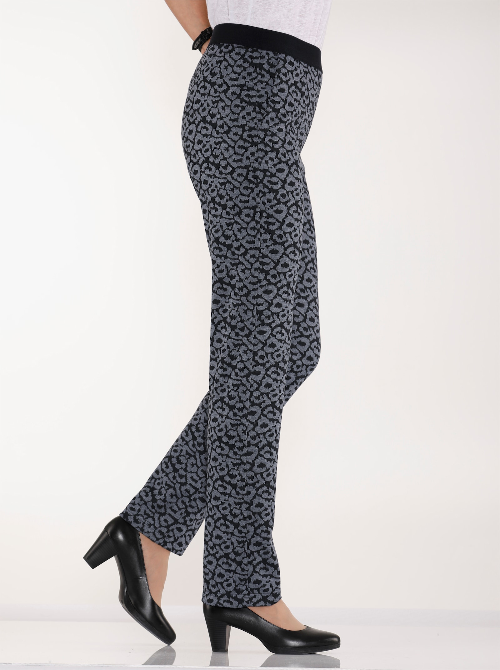 Comfortbroek met brede comfortband rondom - zwart/grijs luipaard
