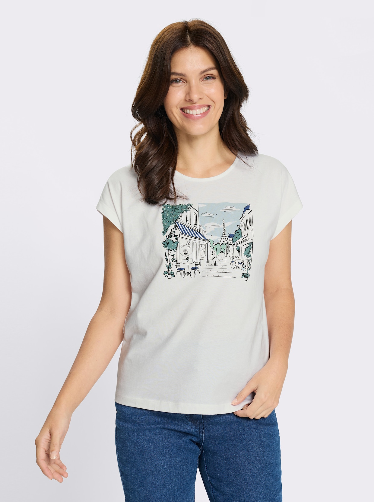 Rundhalsshirt mit Paris-Motiv - ecru-hellblau-bedruckt