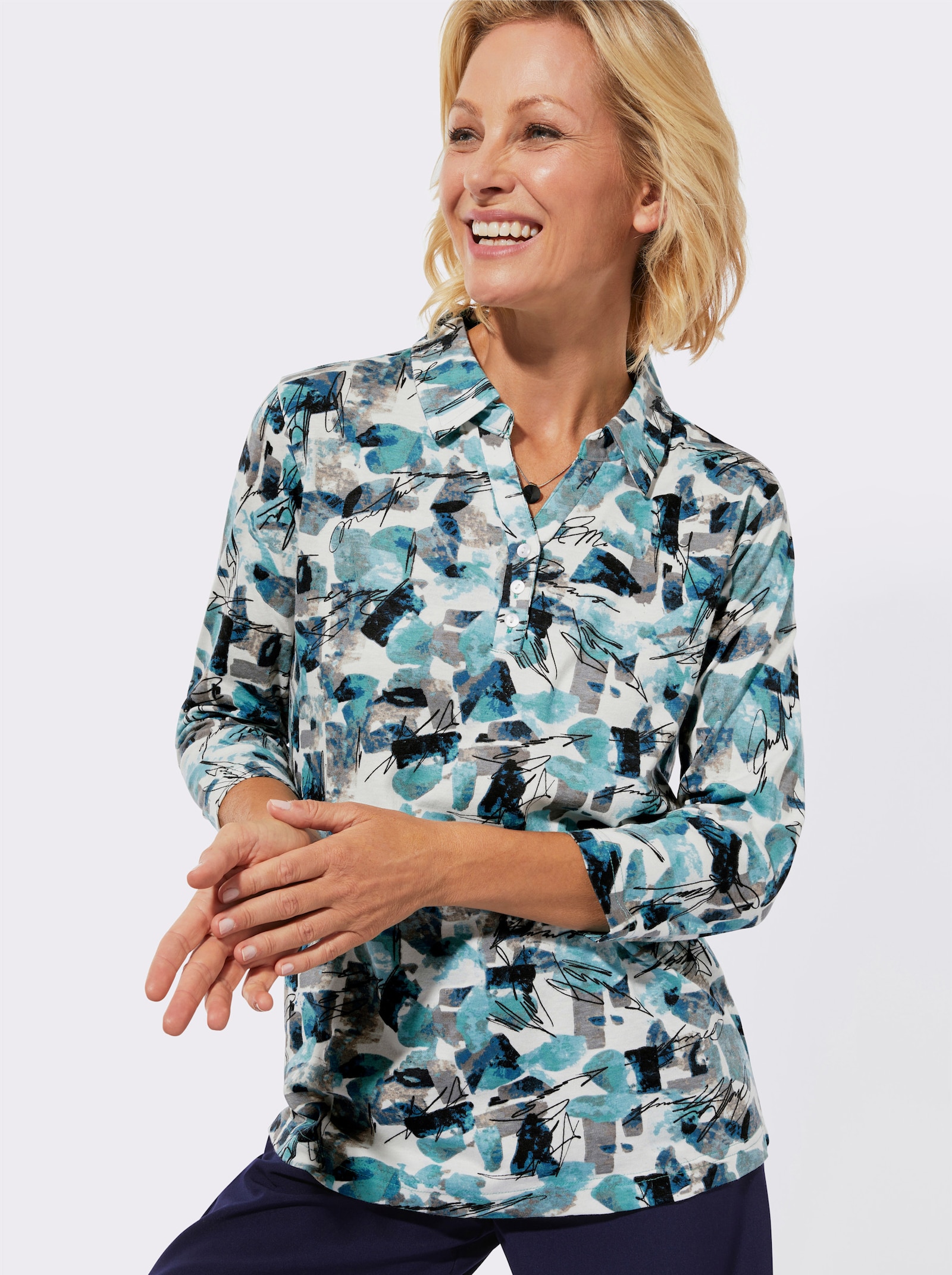 Poloshirt mit 3/4-Ärmeln - kalkmint-sesam-bedruckt