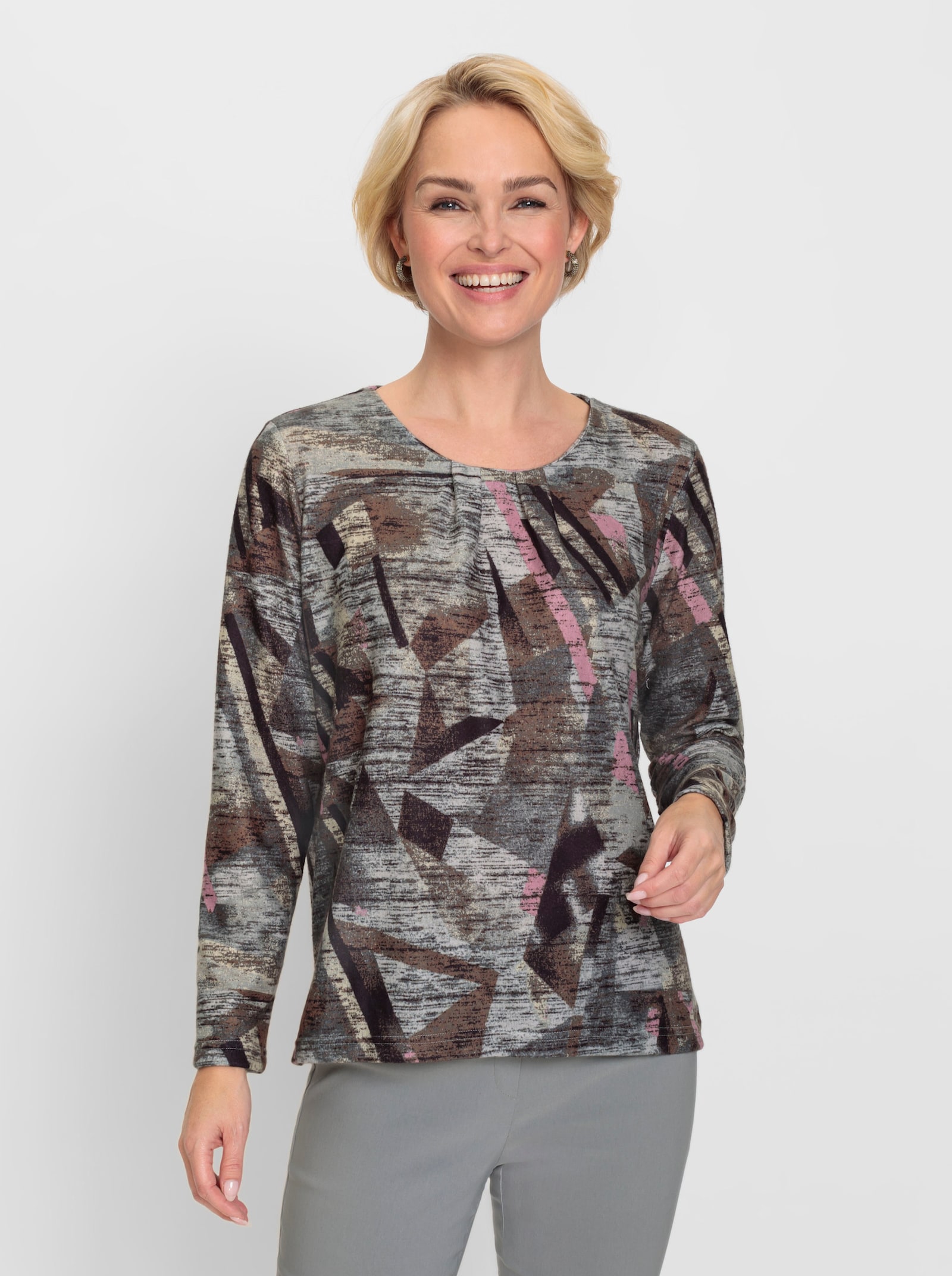 Shirt met lange mouwen en plooien bij de hals - bruin/lichtgrijs bedrukt