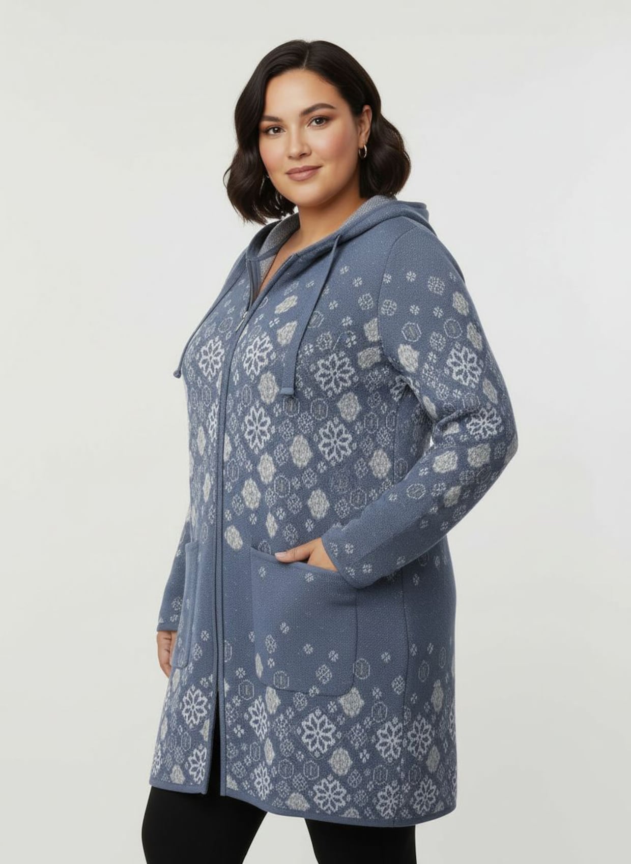 Longstrickjacke - rauchblau-gemustert