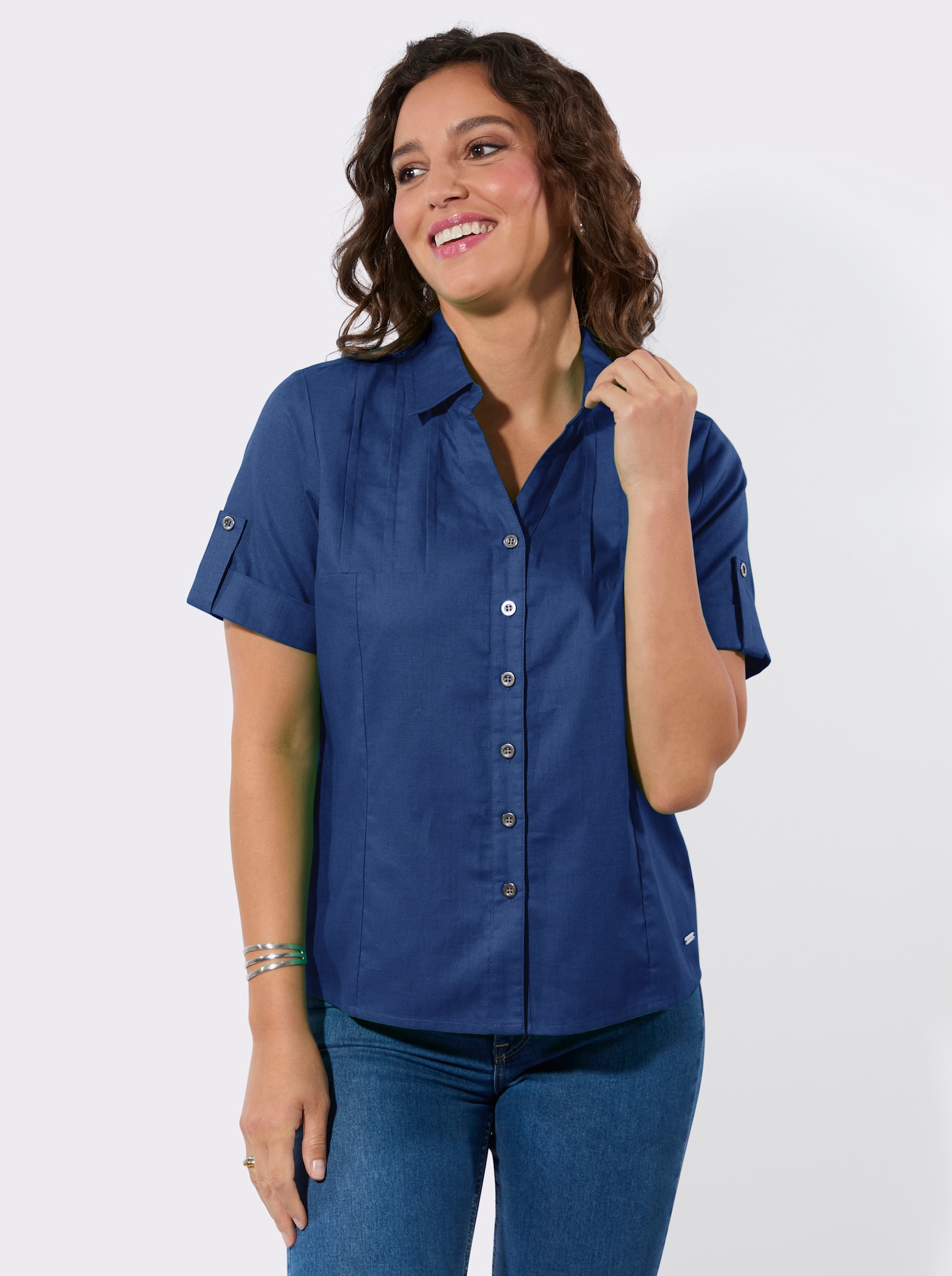 Kurzarm-Bluse im Baumwoll-Leinen-Mix - royalblau