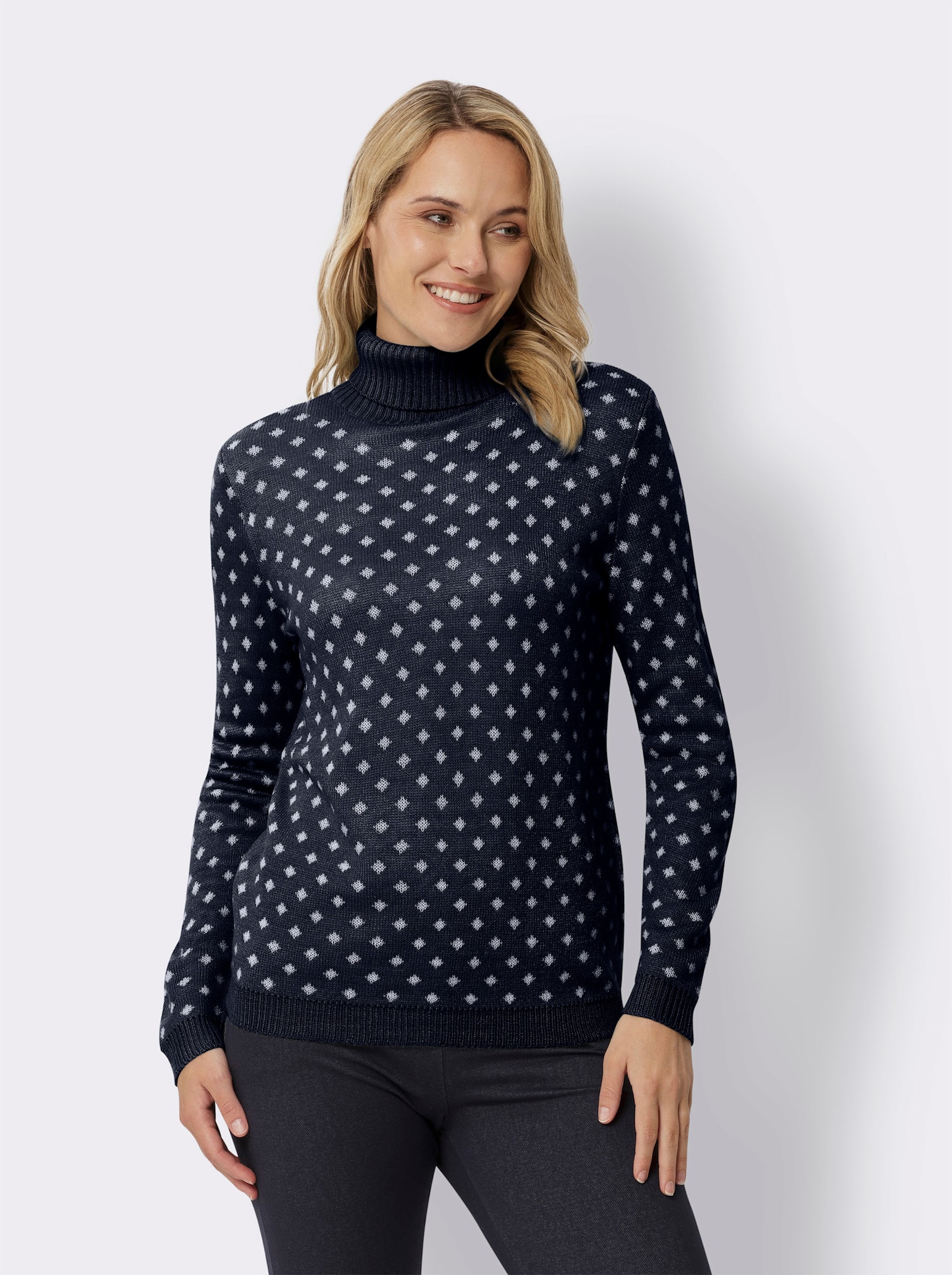  Pullover met rolkraag van jacquardtricot - marine/wit gedessineerd