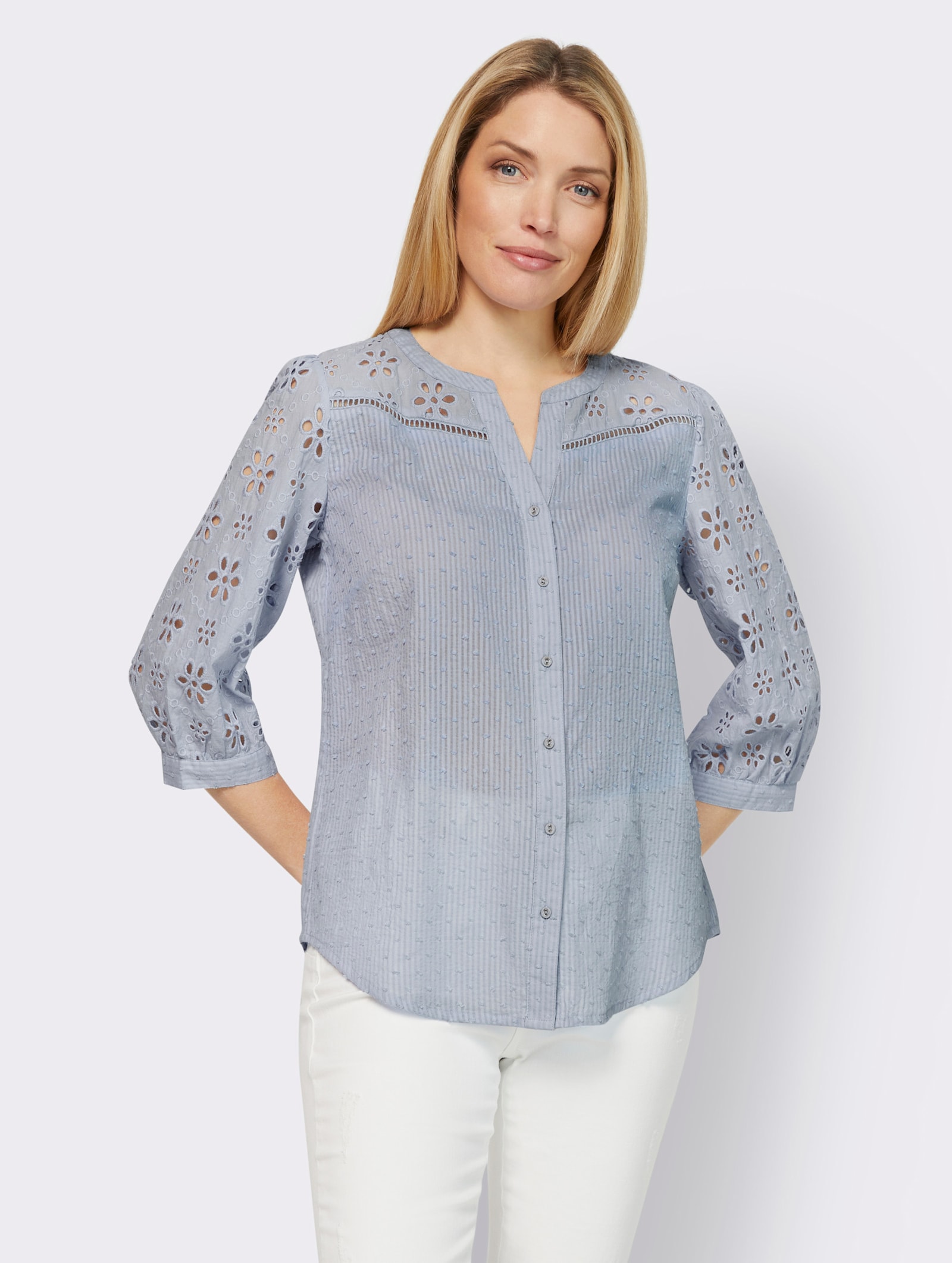 heine Baumwollbluse mit Lochstickerei - hellblau