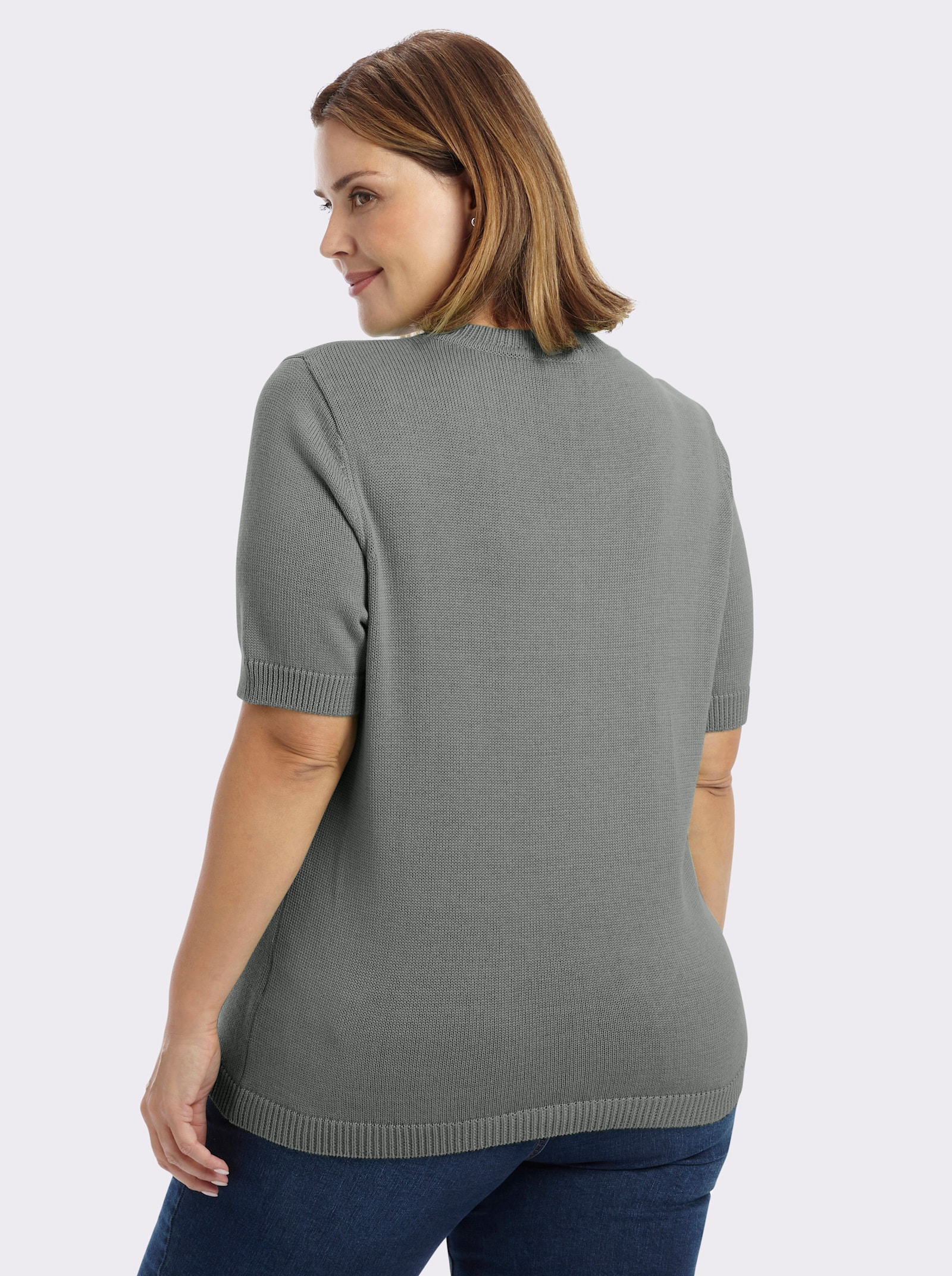Kurzarmpullover mit Rippabschlüssen - grau-meliert