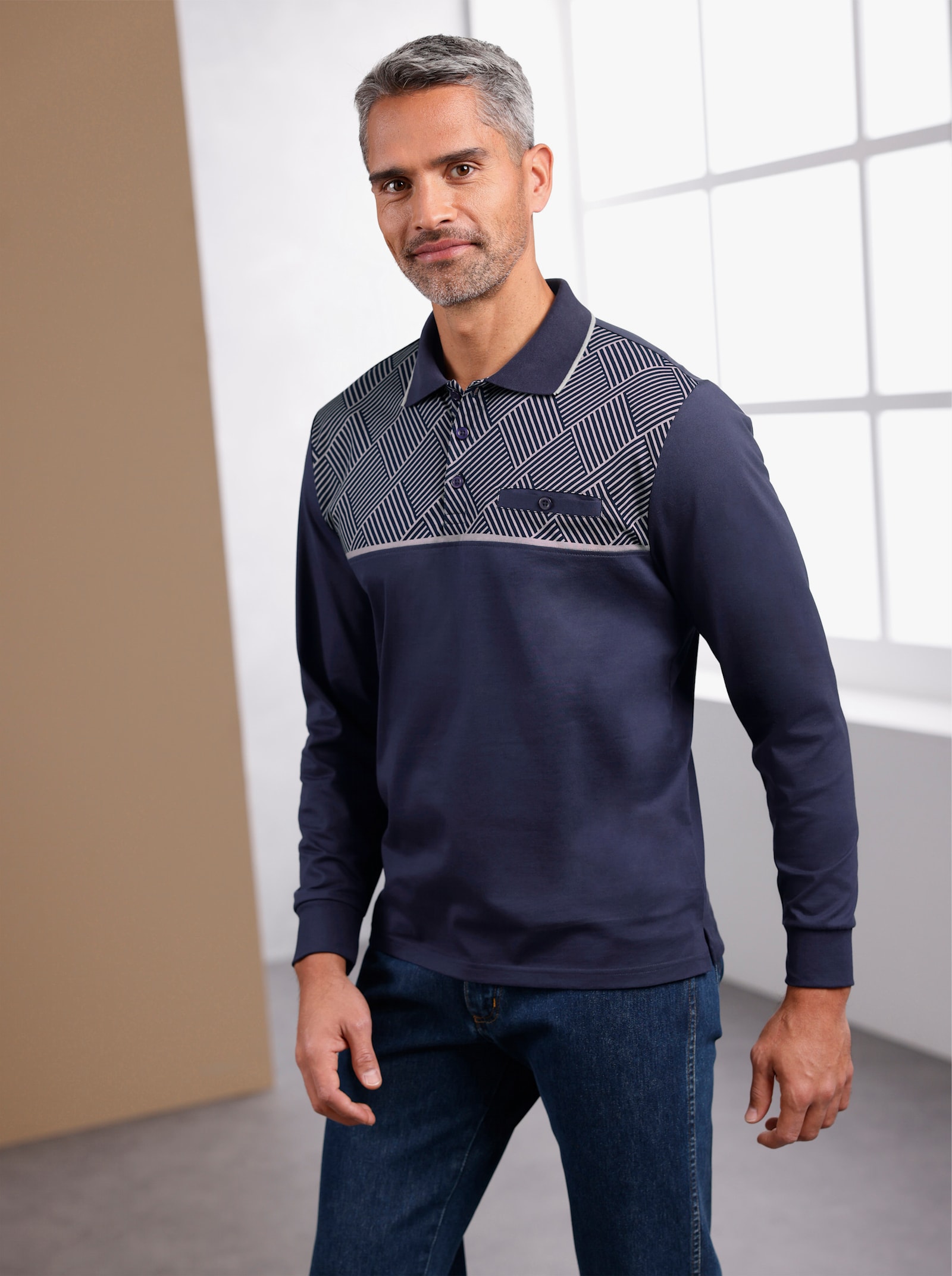 Langarm-Poloshirt - marine-steingrau