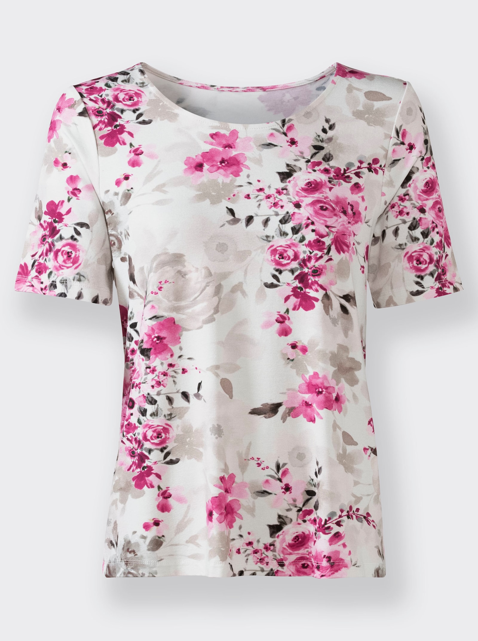 Rundhalsshirt mit Blumen-Print, Viskose - ecru-erika-bedruckt