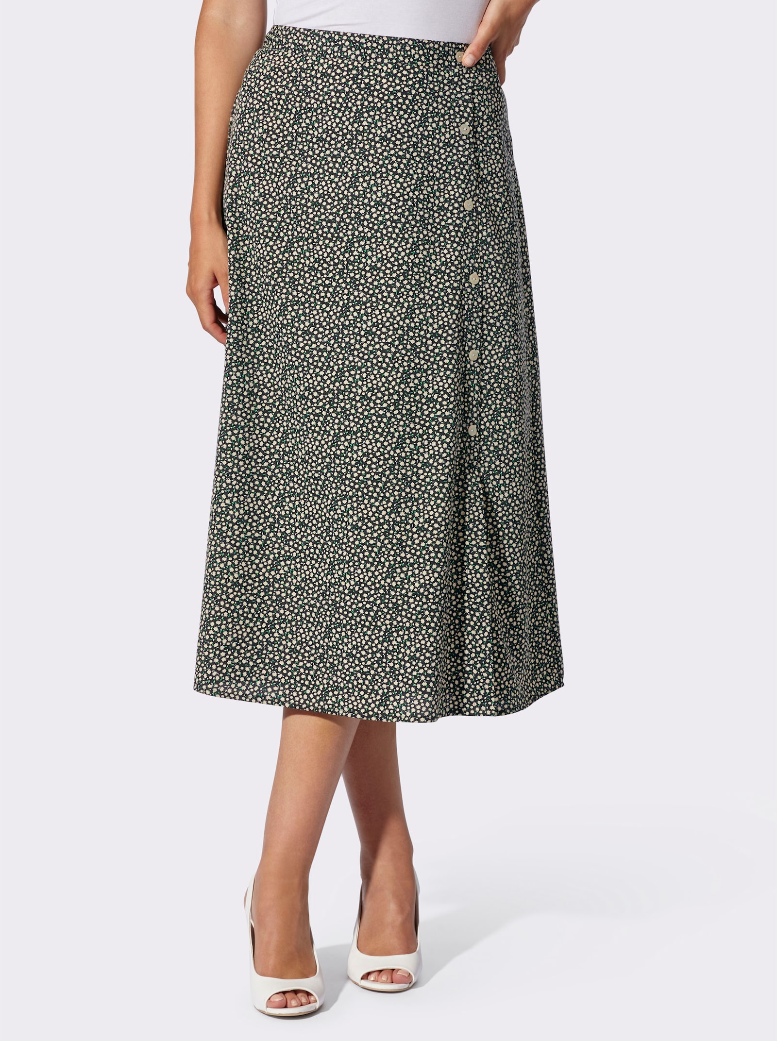 Schlupfrock mit Zierknopfleiste - schwarz-gelb-bedruckt