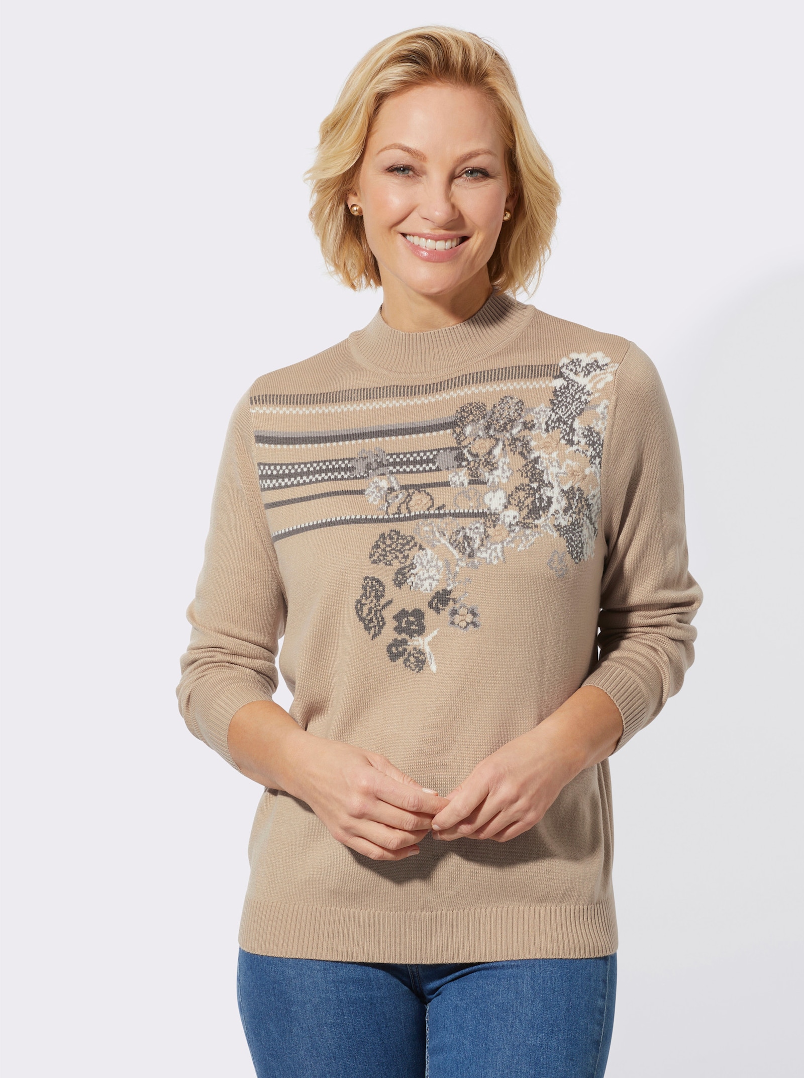 Stehkragenpullover mit Intarsien-Muster, floral - beige
