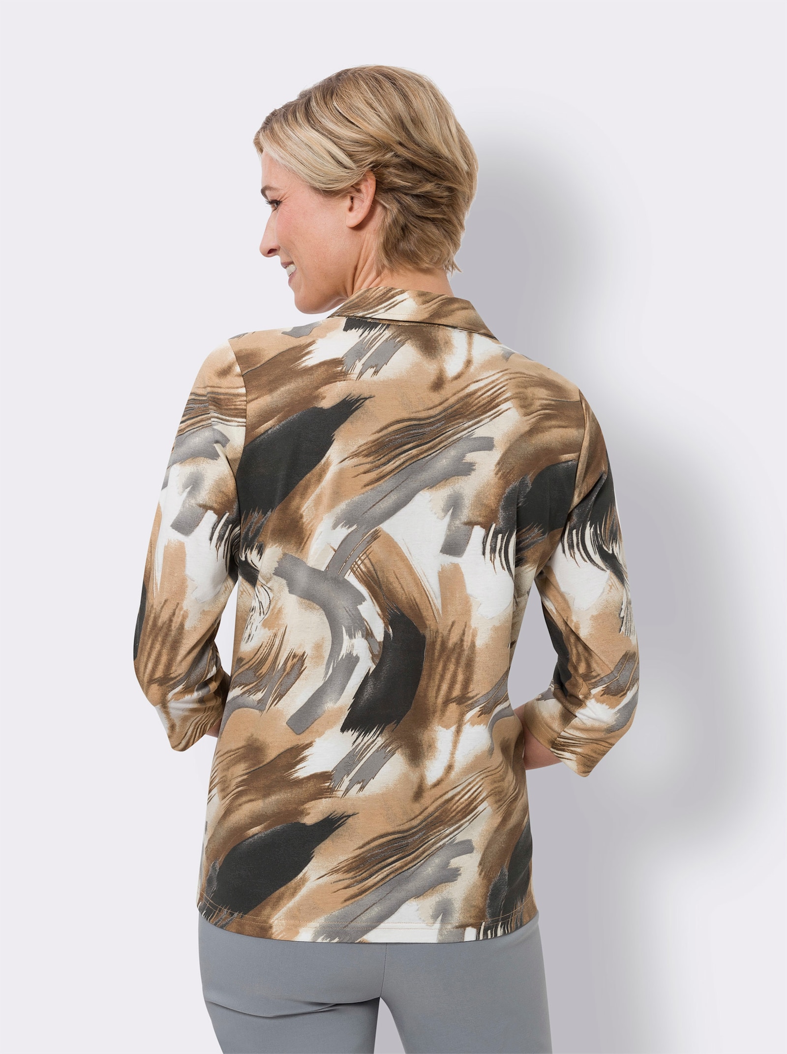 Poloshirt mit 3/4-Ärmeln, bedruckt - ecru-camel-bedruckt