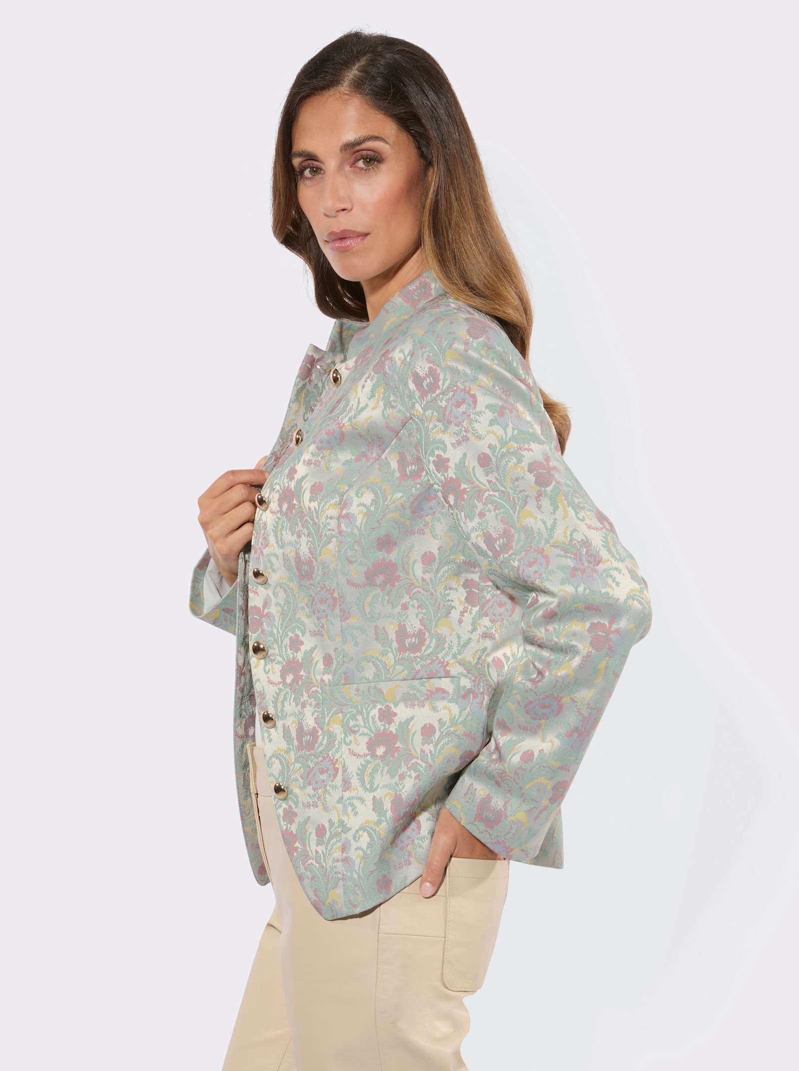 Jacquardblazer mit Schulterpolstern - ecru-taubenblau-gemustert