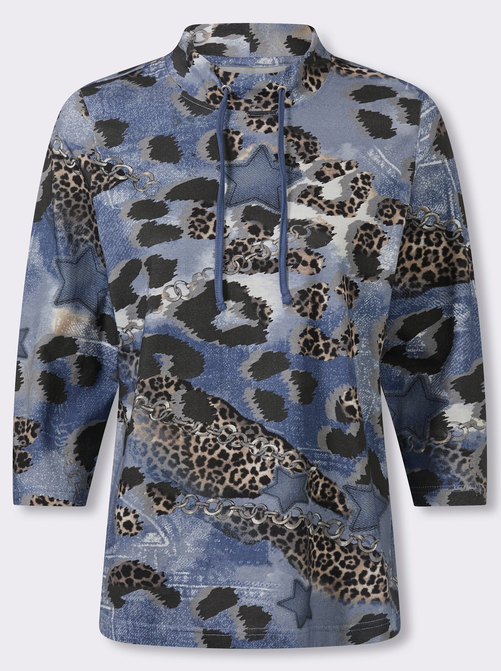 Stehkragenshirt aus reiner Baumwolle - jeansblau-schwarz-bedruckt
