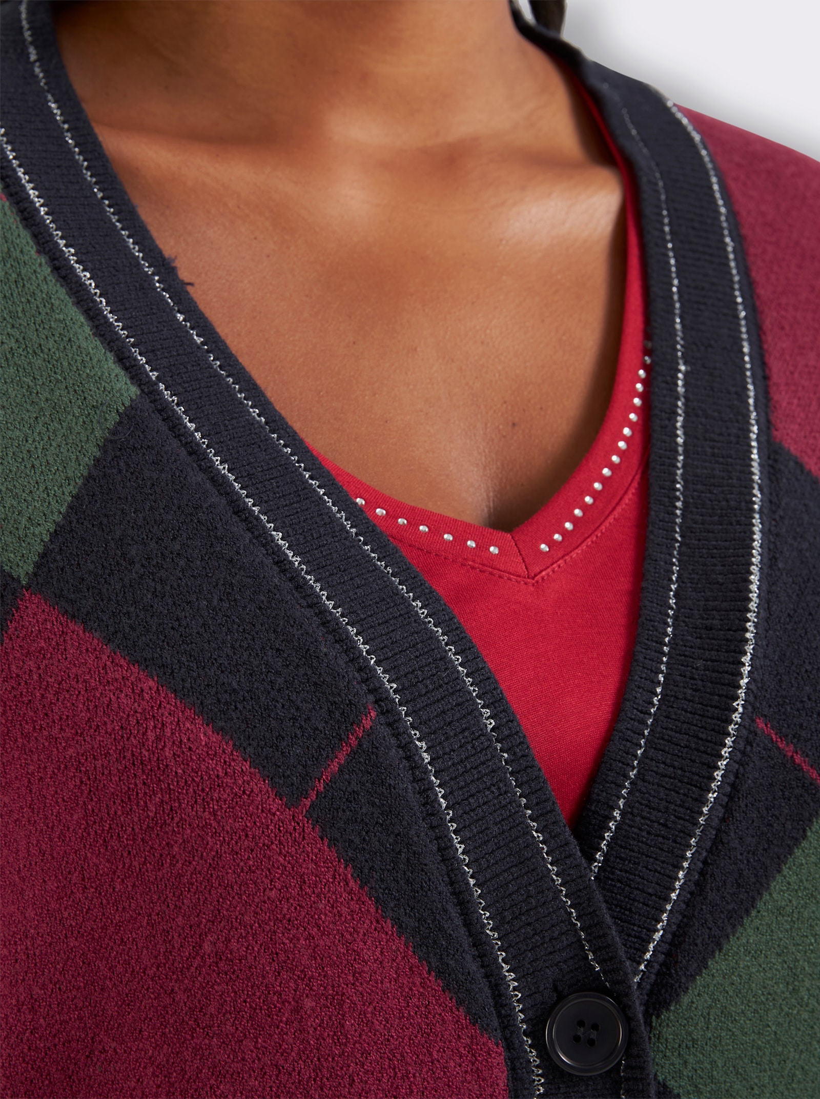 sheego Jacquardstrickjacke mit Lurexfaden - tiefblau-kirsche-gemustert