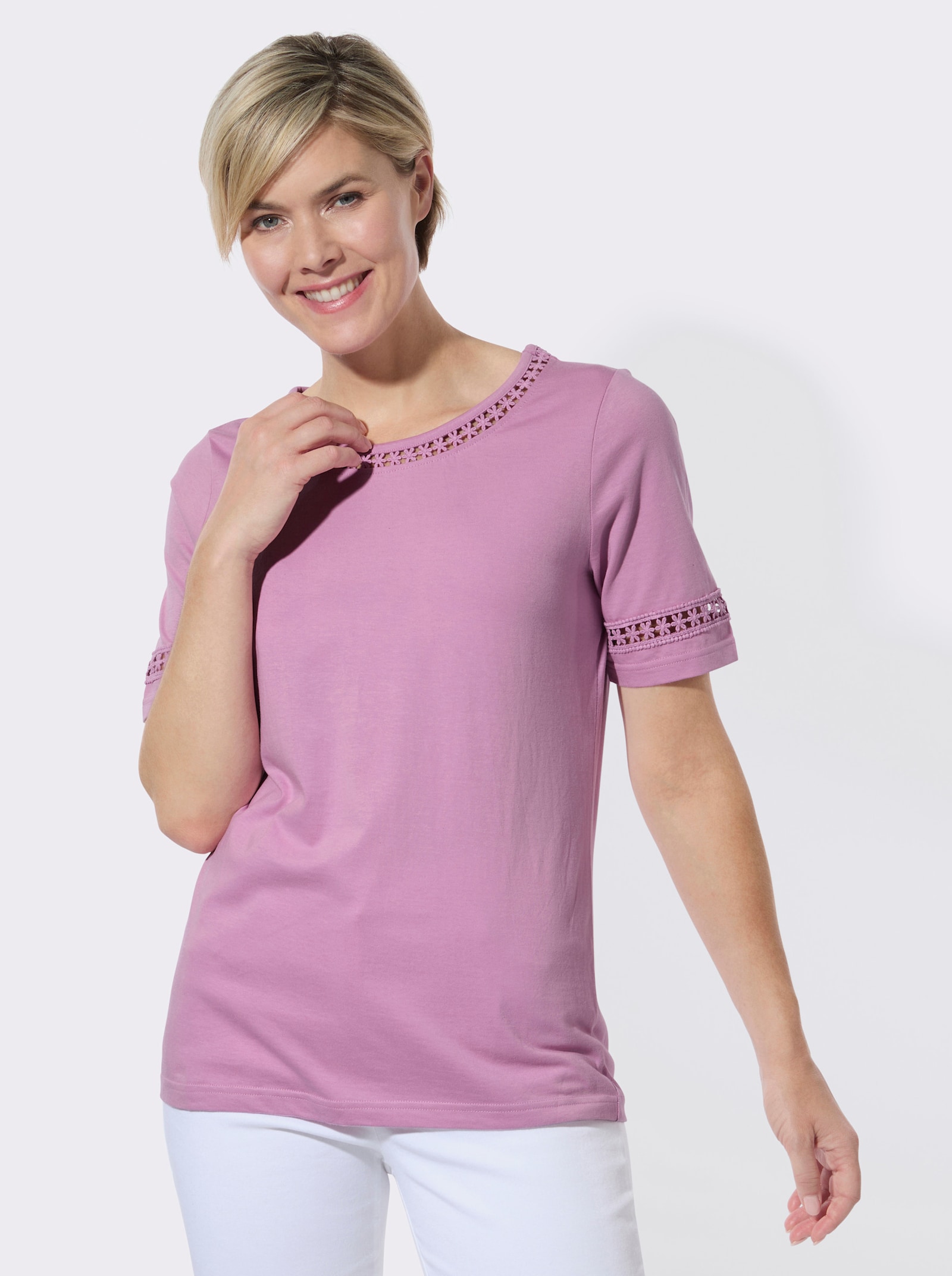 Kurzarmshirt mit Häkelspitze - orchidee