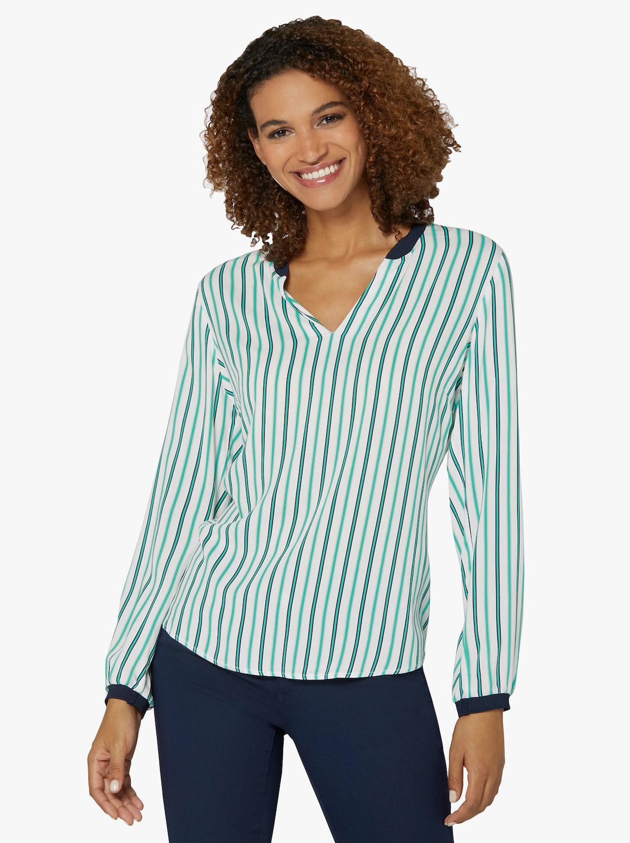 Comfortabele blouse - blauwgroen/wit gestreept