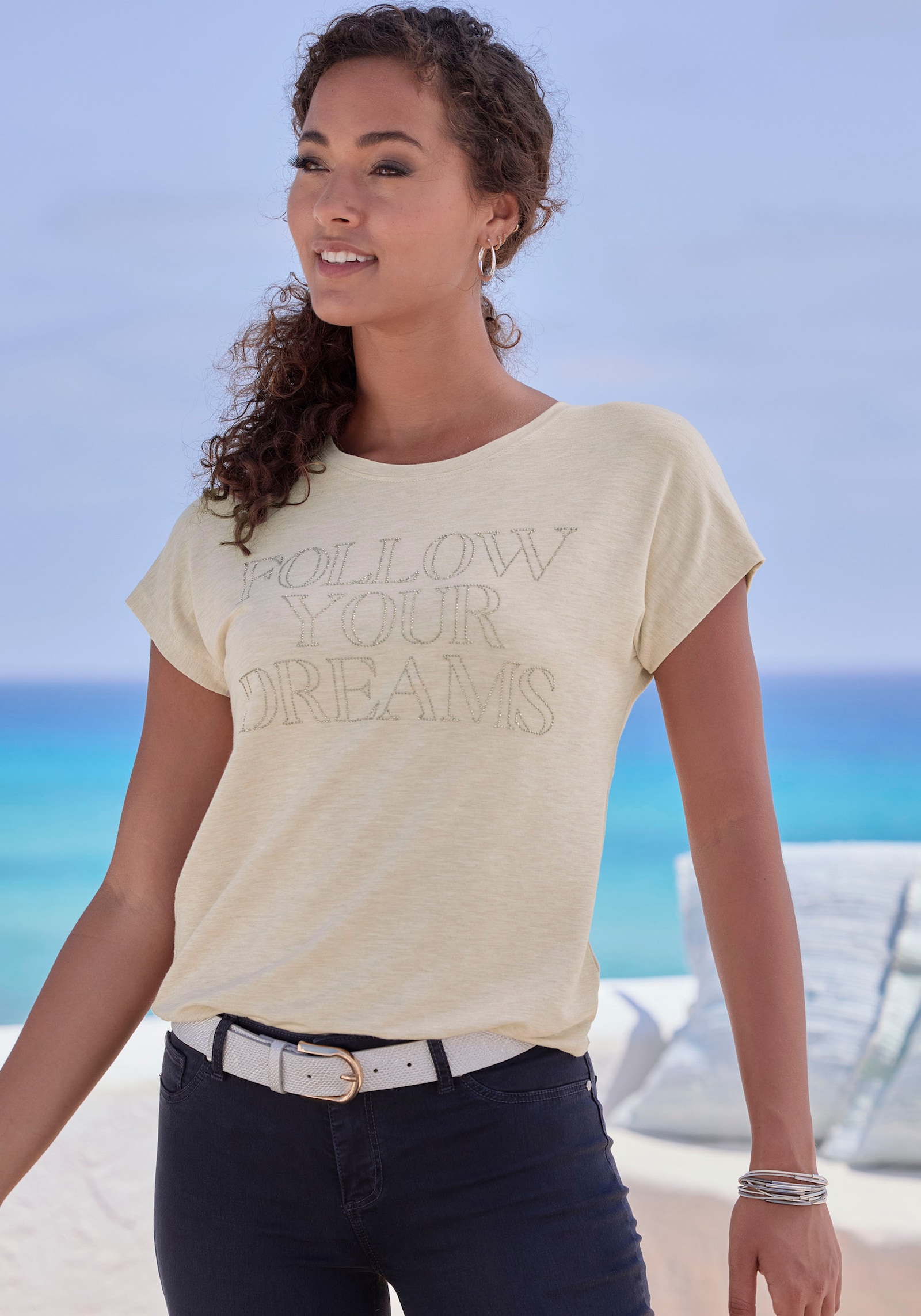 LASCANA Shirt met ronde hals - beige gemêleerd