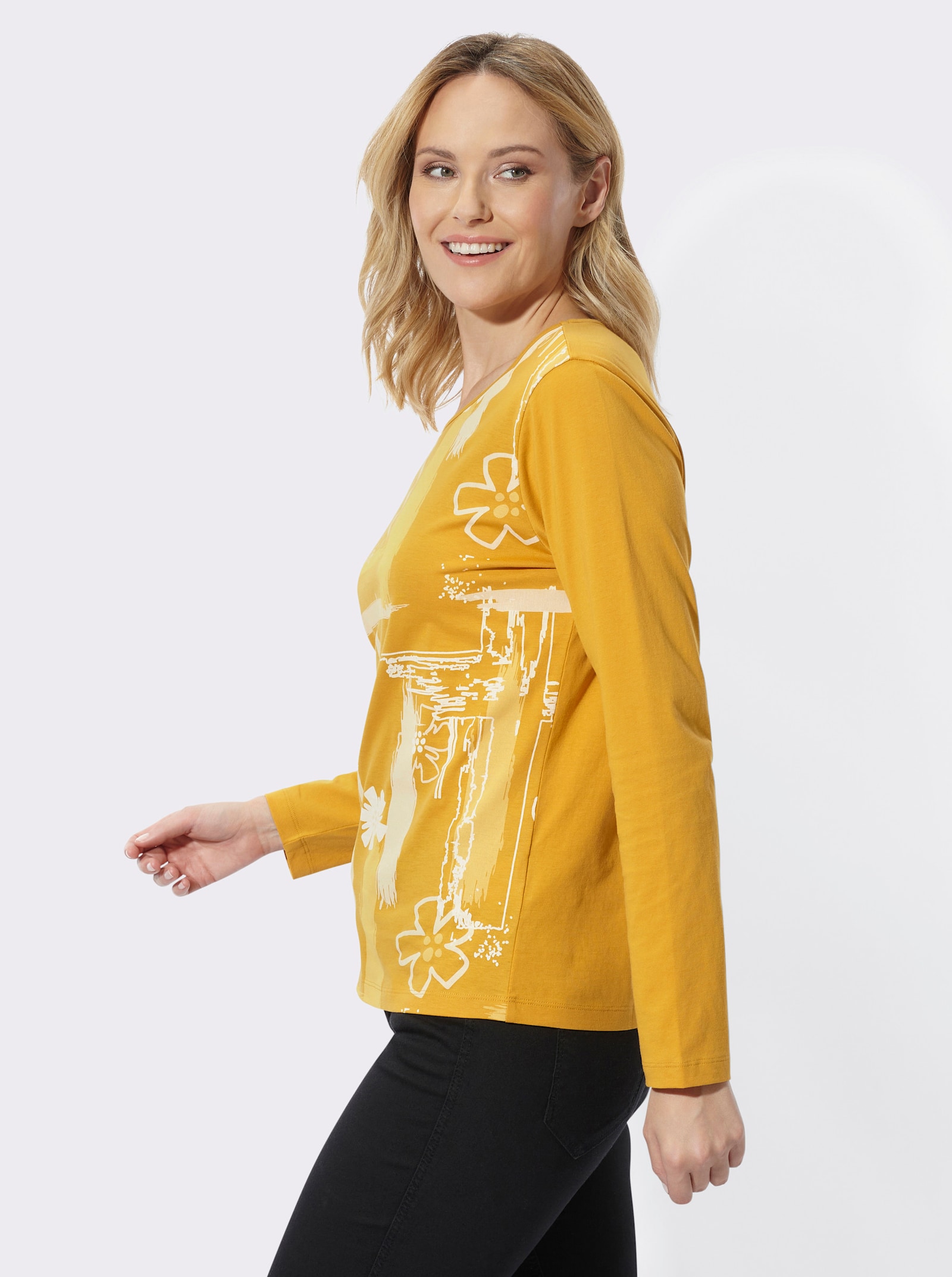 Rundhalsshirt mit Druckmuster vorne - ocker-vanille-bedruckt