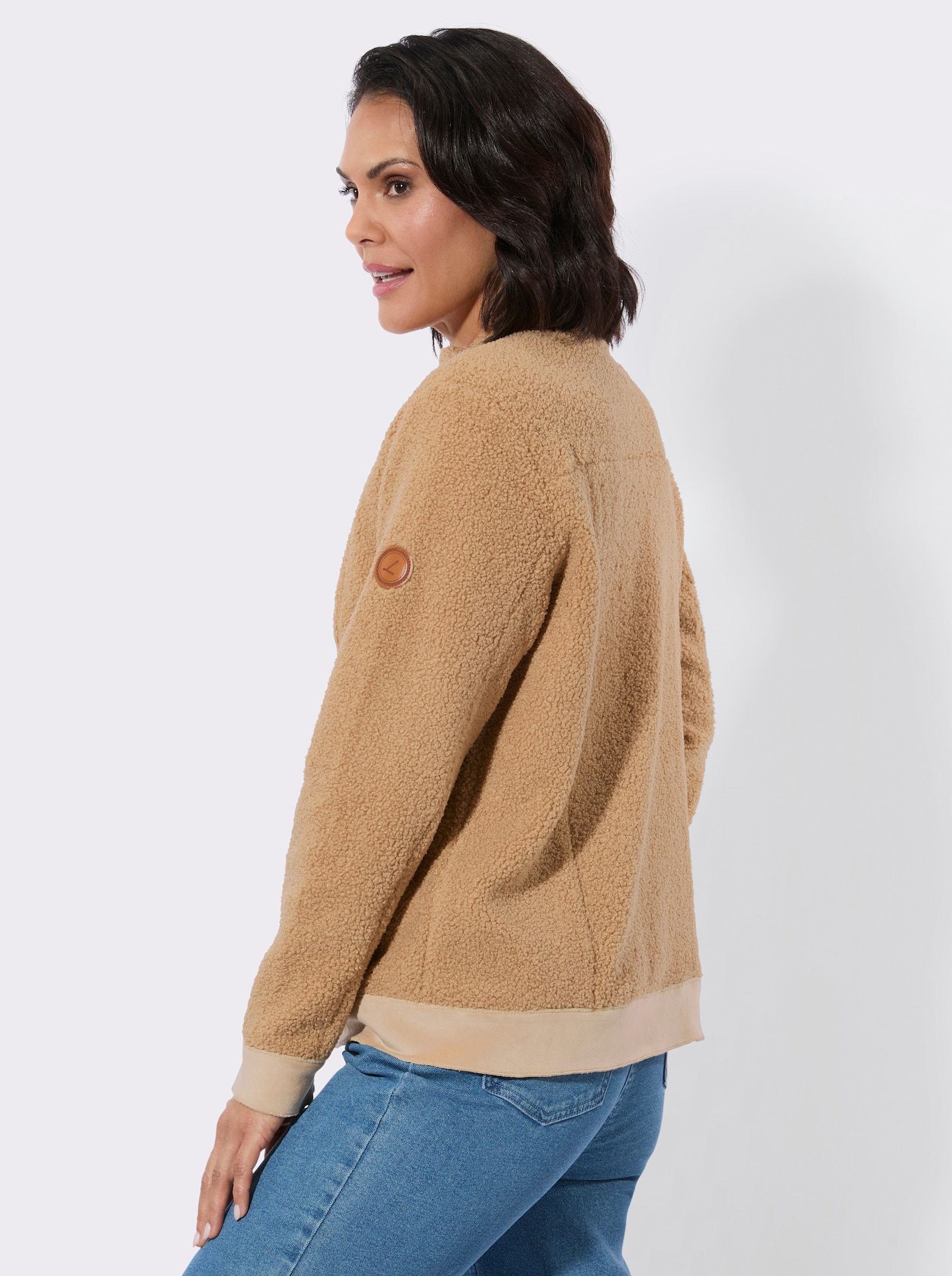 Boucléjacke mit Veloursleder-Opik - camel