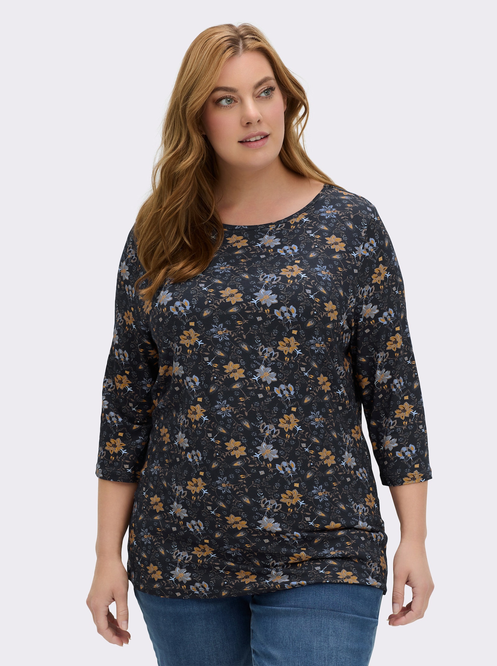 Print-Shirt mit U-Boot-Ausschnitt - marine-ocker-bedruckt