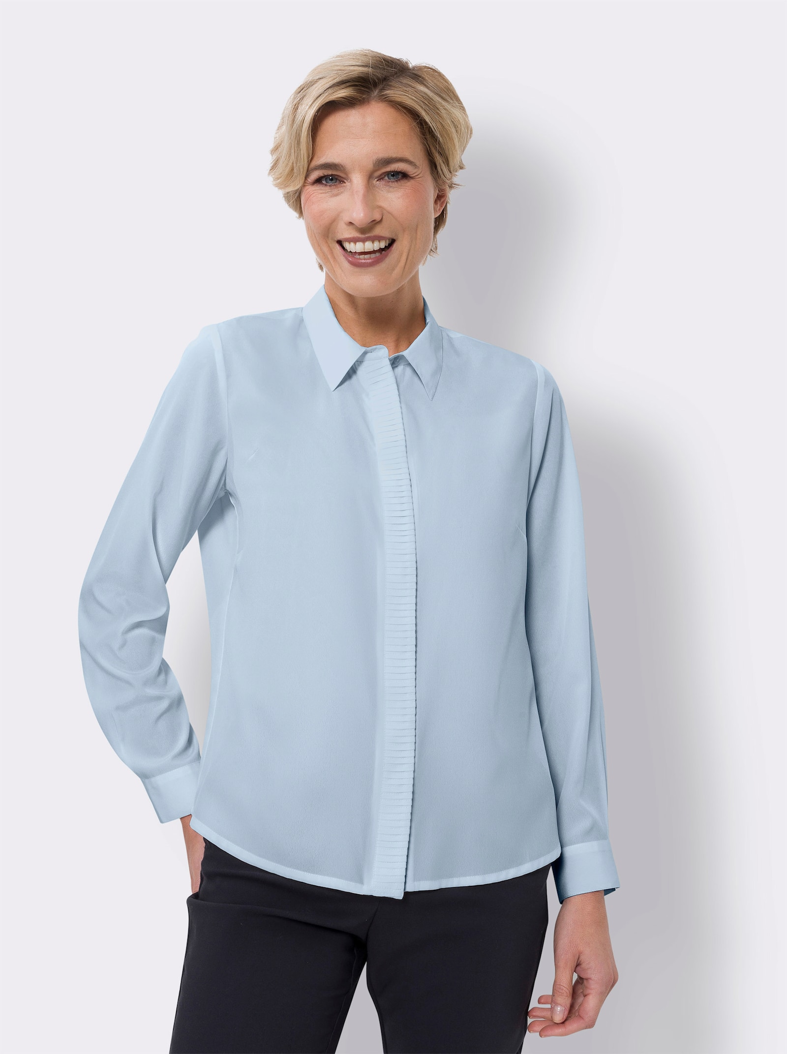 Langarm-Bluse mit verdeckter Knopfleiste - hellblau