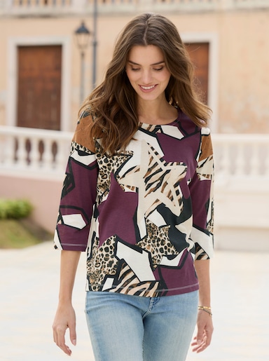 3/4-Arm-Shirt aus reiner Baumwolle - burgund-champagner-bedruckt