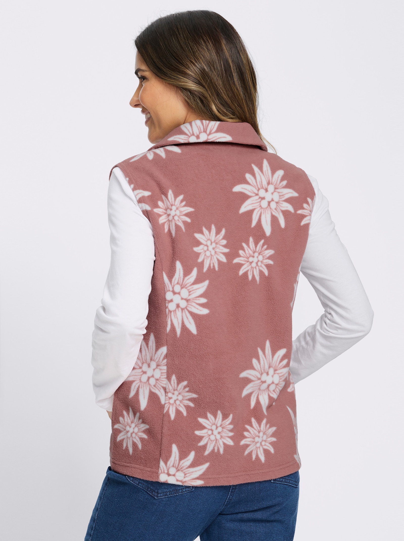 Fleeceweste mit Edelweiß-Motiven - rosenholz-ecru-bedruckt