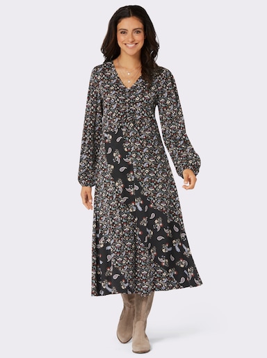 Jerseykleid mit Taillen-Gummizug hinten - schwarz-rotbraun-bedruckt