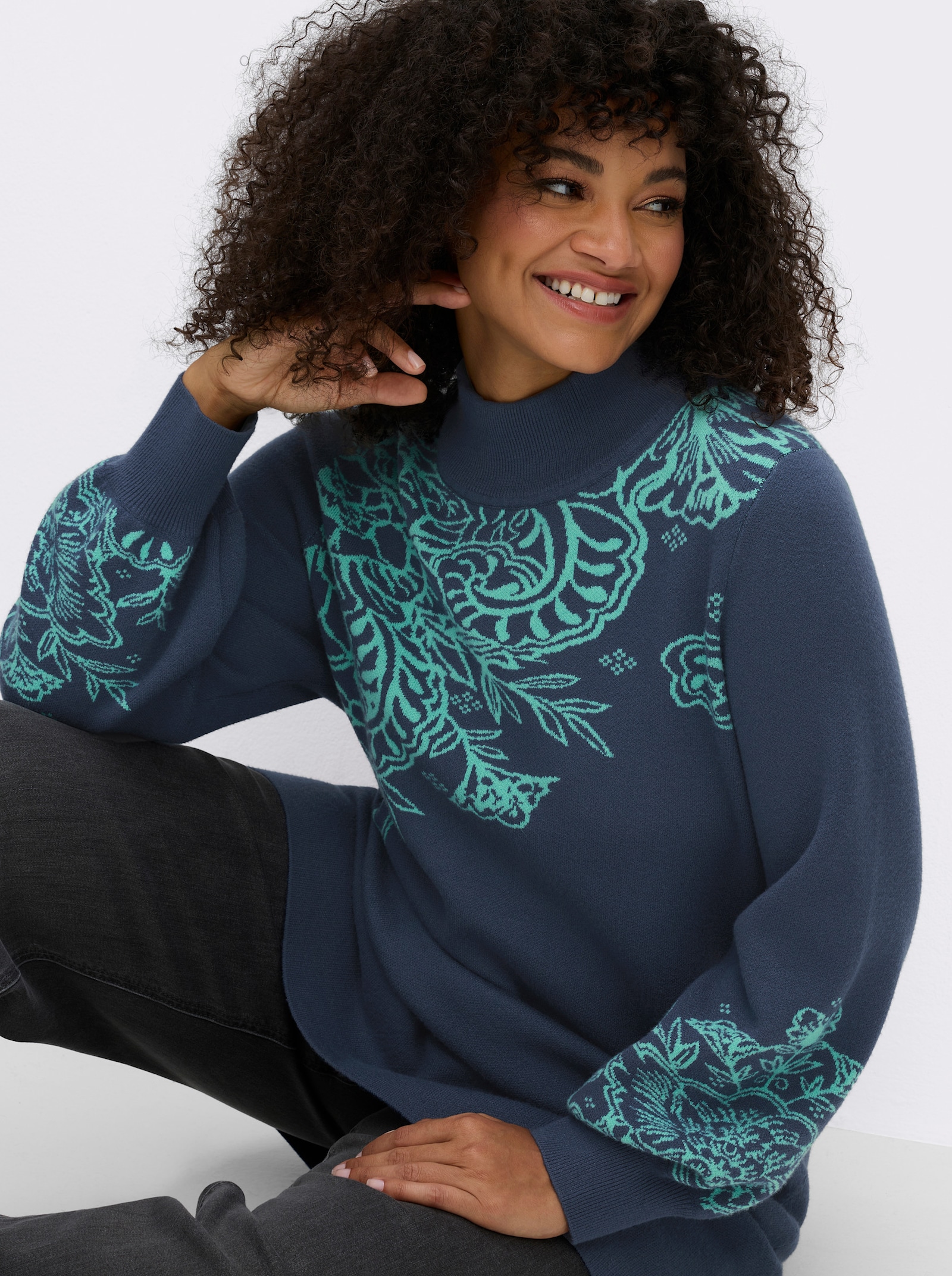 sheego by Joe Browns Longpullover mit Ajourmuster - dunkelblau-blaugrün-gemustert