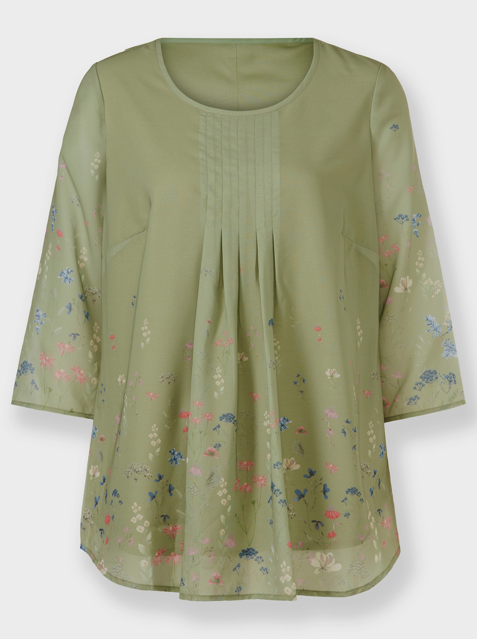 Blouse met print en transparante 3/4-mouwen - rietgroen/ecru bedrukt