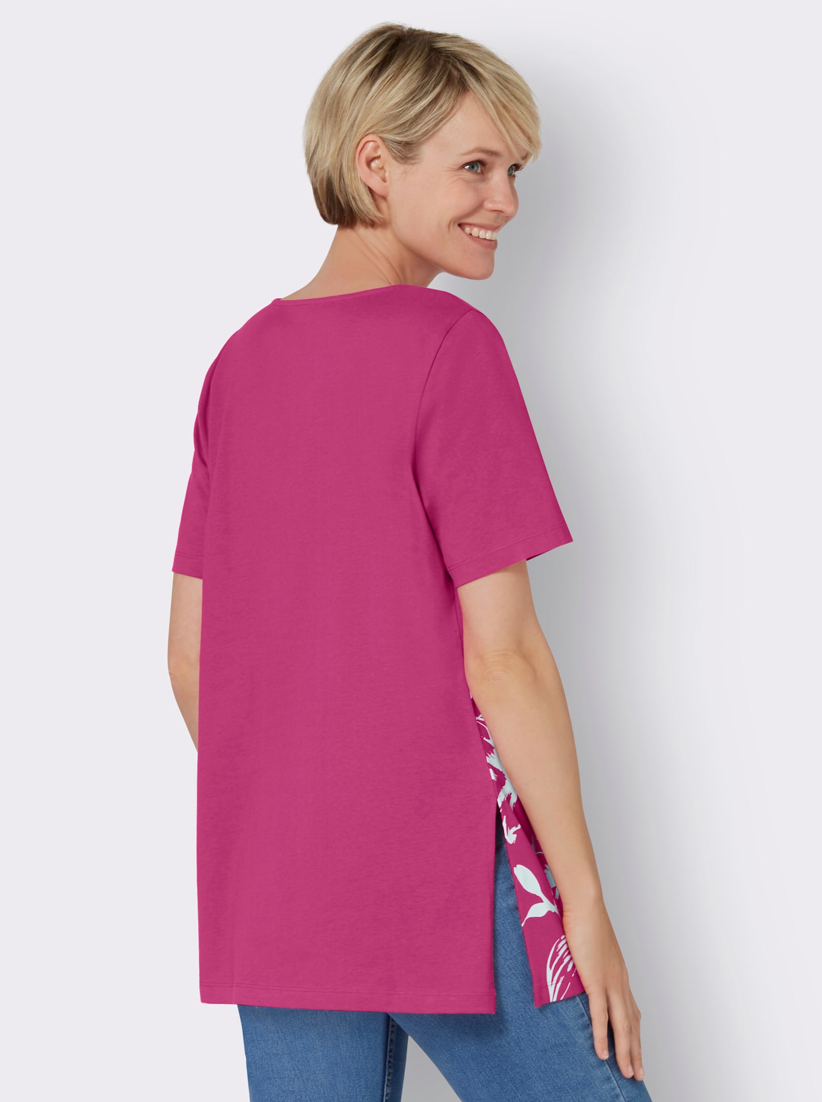 Lang shirt met vierkante hals, gebloemd - fuchsia/wit