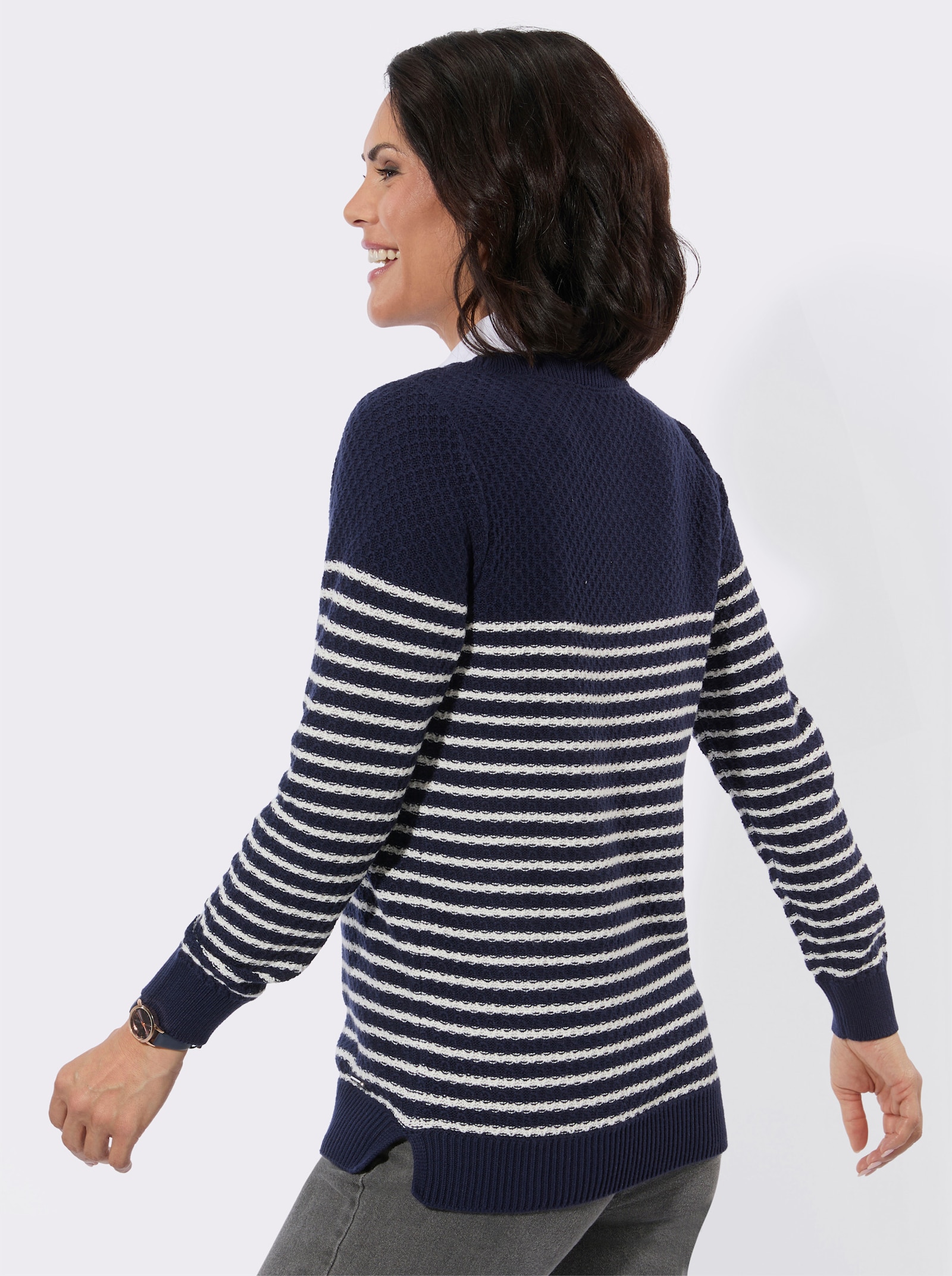 2-in-1-Pullover mit gerippten Abschlüssen - marine-ecru-gemustert