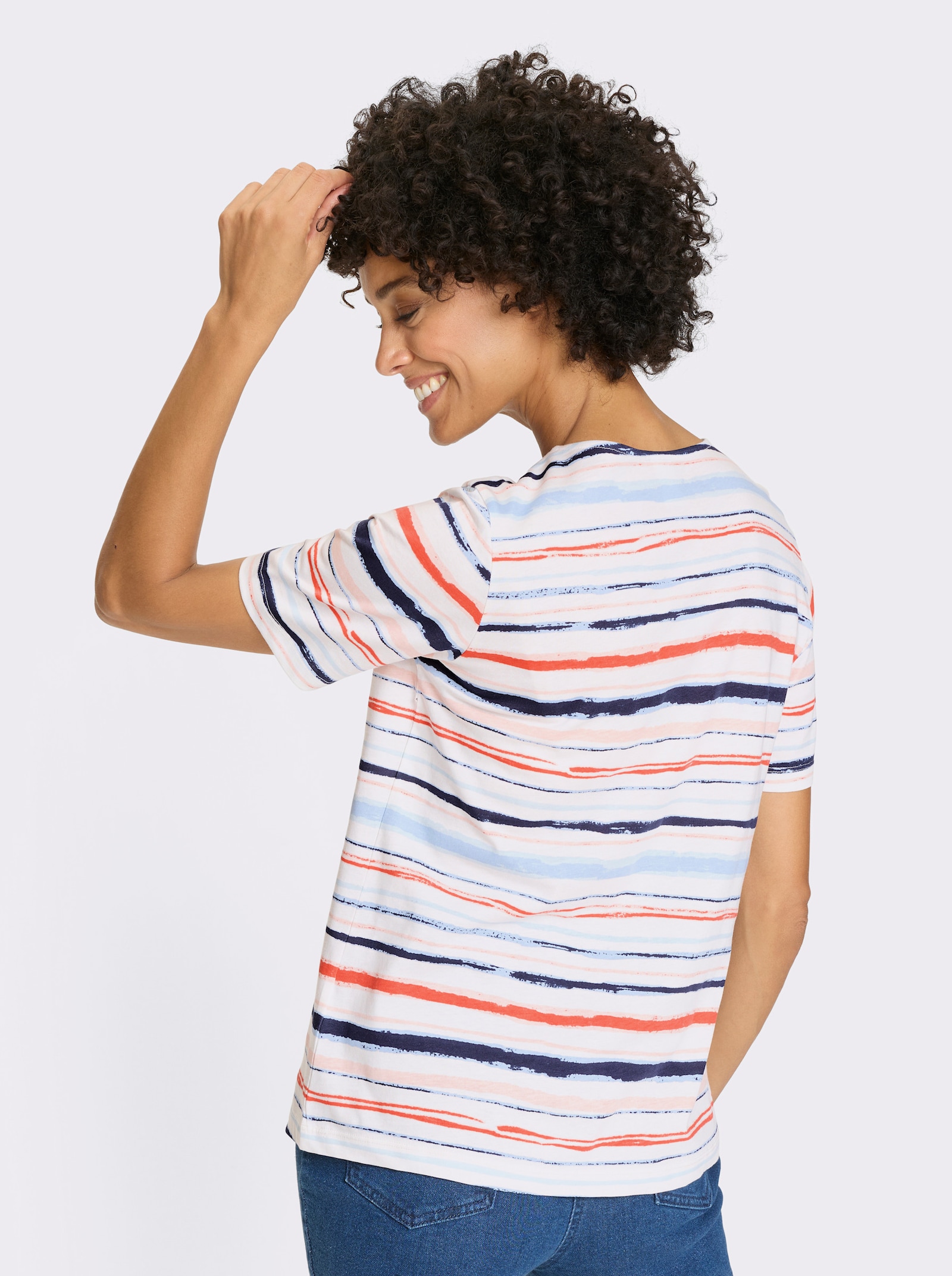 Tričko, okr. výstrih, pruhy - Svetlobéžovo-koralové pruhy