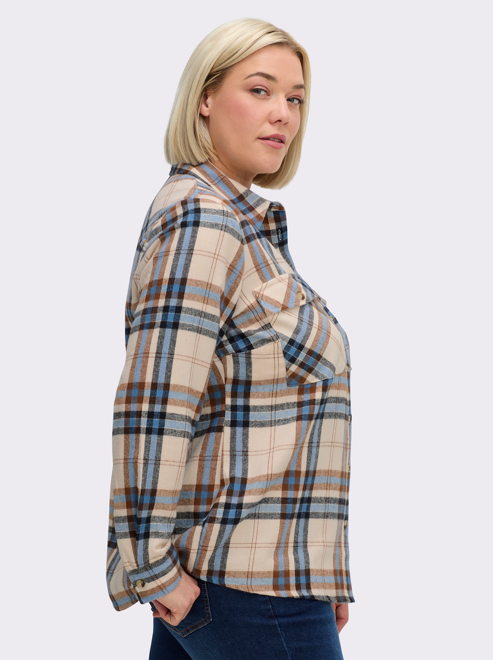 Flanellbluse mit mehrfarbigem Webkaro - mittelblau-elfenbein-kariert