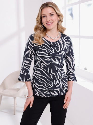 Rundhalsshirt mit Volants an den Ärmeln - schwarz-weiß-bedruckt