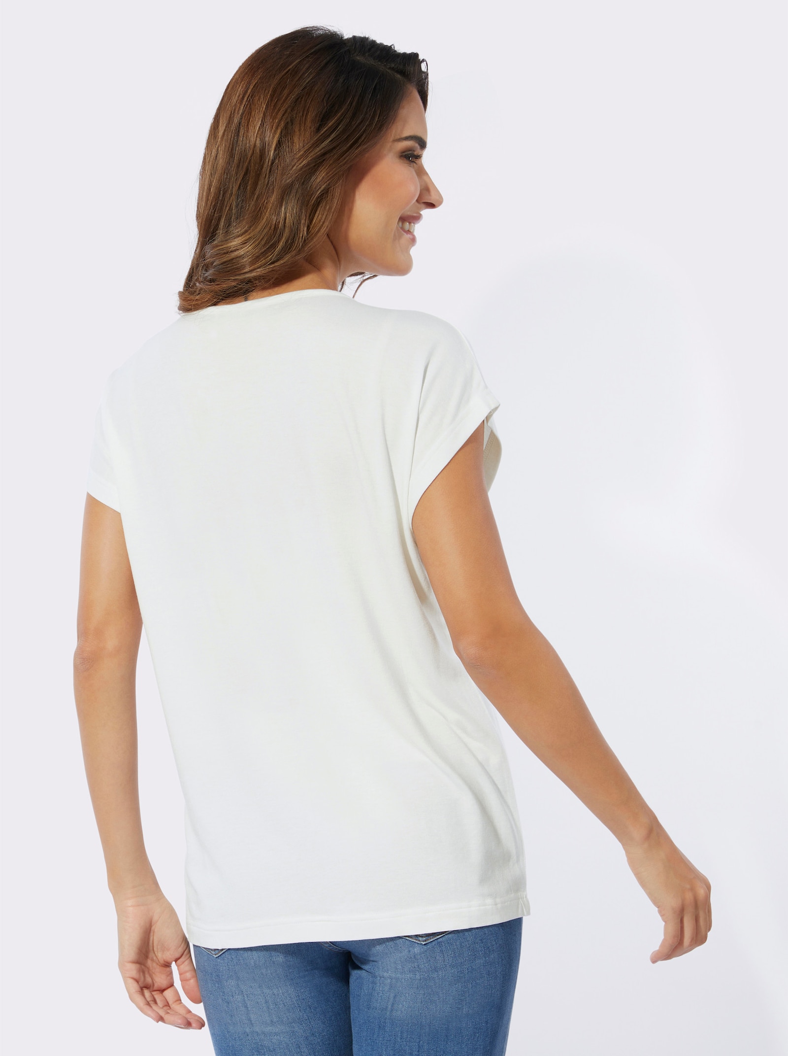 Rundhalsshirt mit floralem Print - ecru-puder