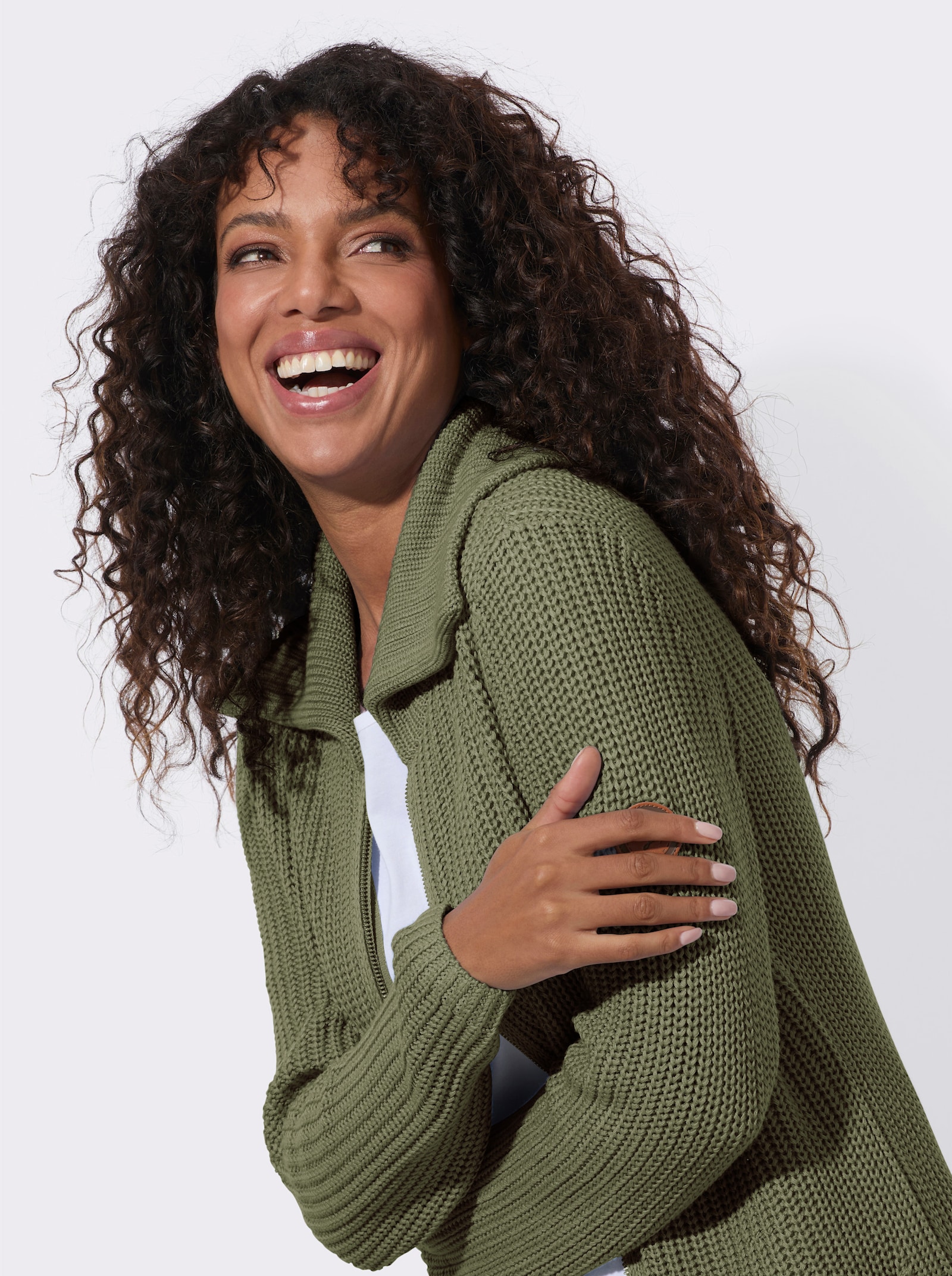 Longstrickjacke mit Umlegekragen - khaki