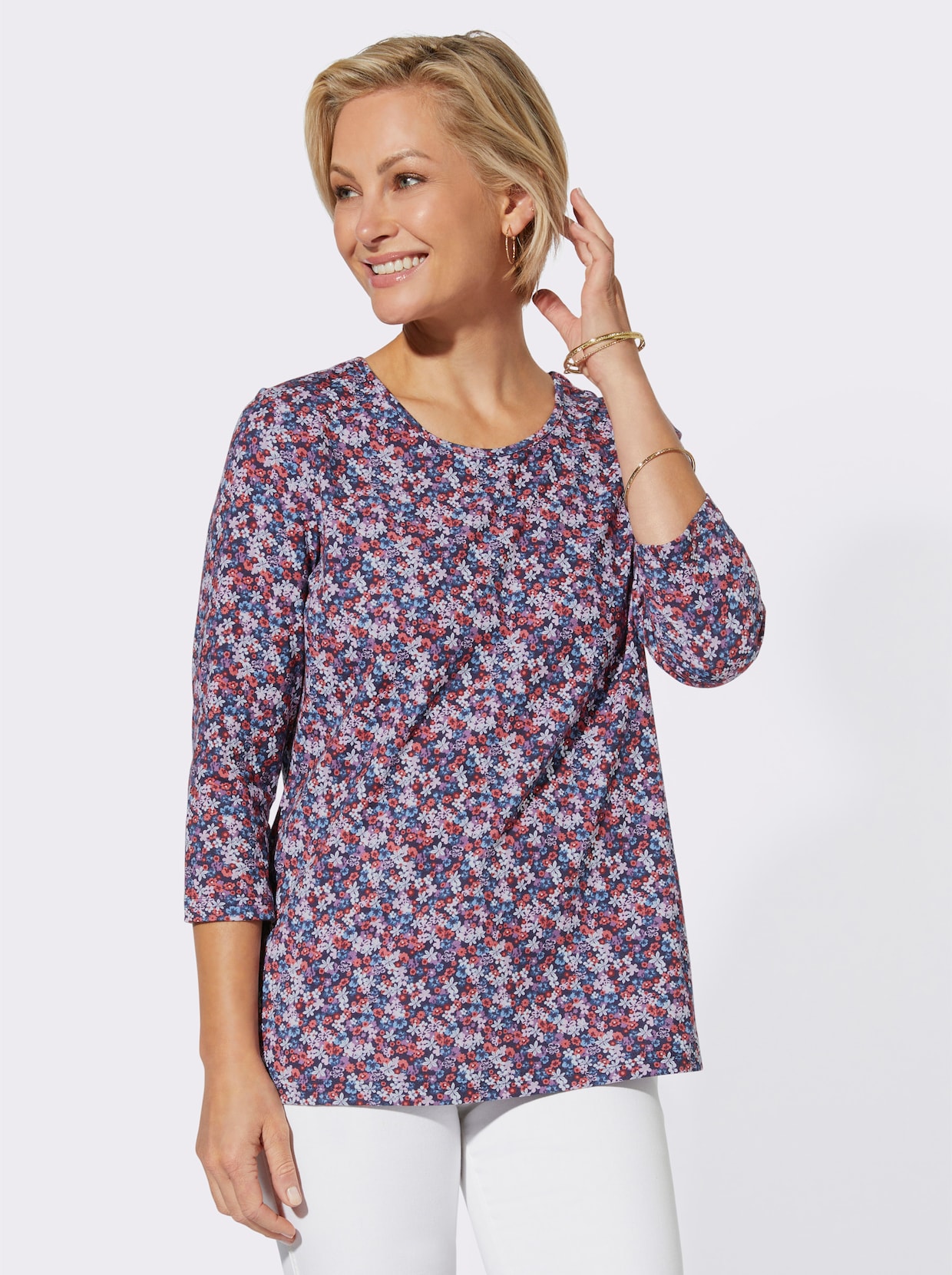 Shirt met ronde hals - mauve/marine bedrukt