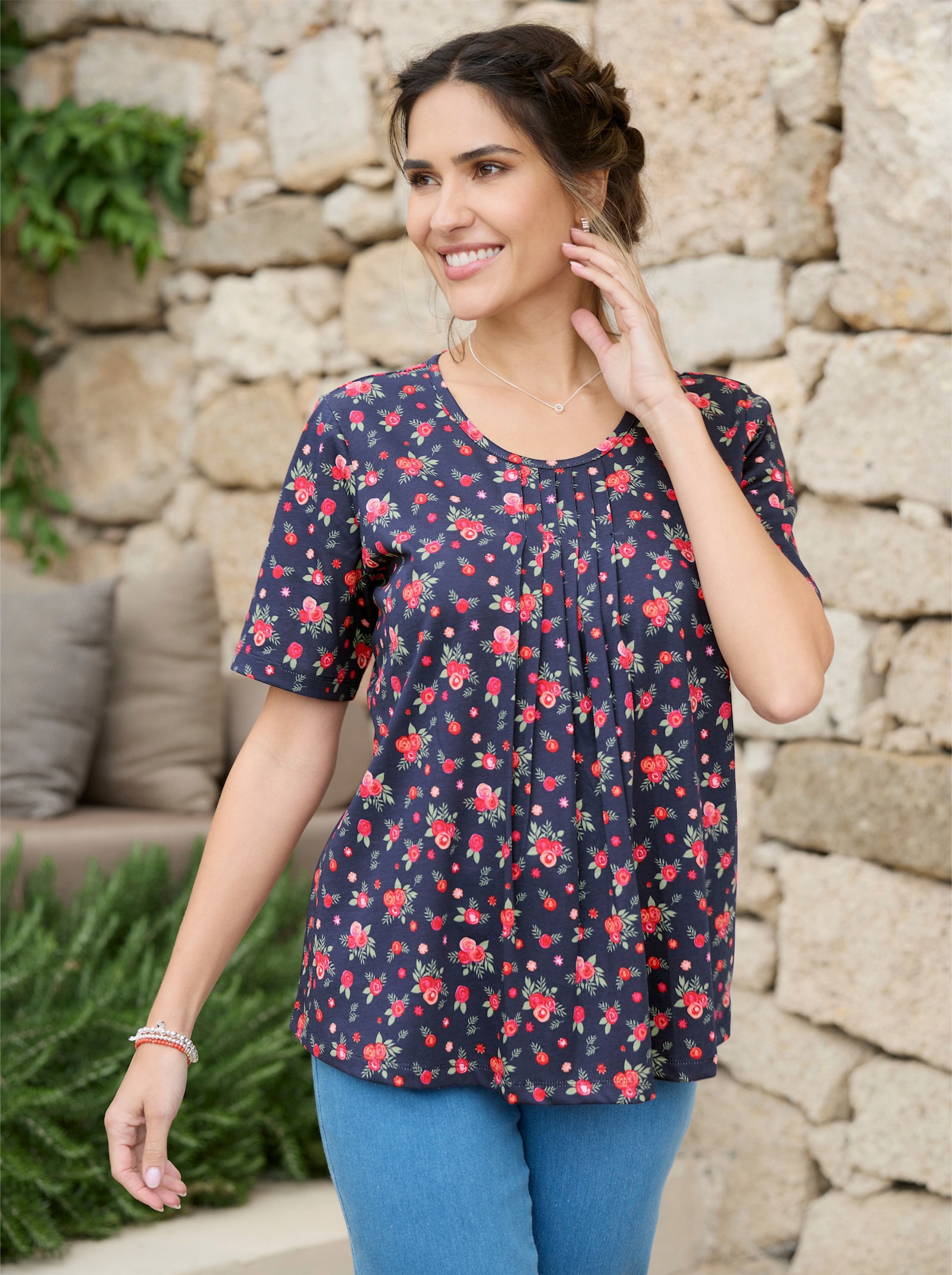 Kurzarmshirt mit Falten am Ausschnitt - marine-rot-bedruckt