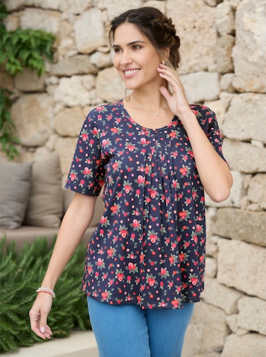 Kurzarmshirt mit Falten am Ausschnitt - marine-rot-bedruckt