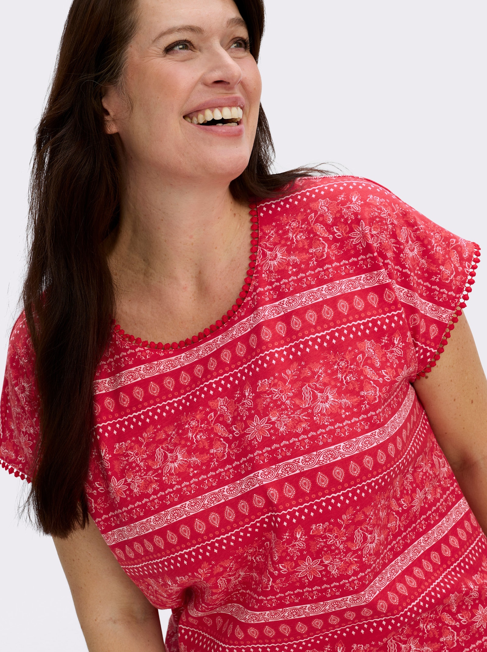  Print-Shirt mit Spitzenborte - erdbeere-ecru-bedruckt