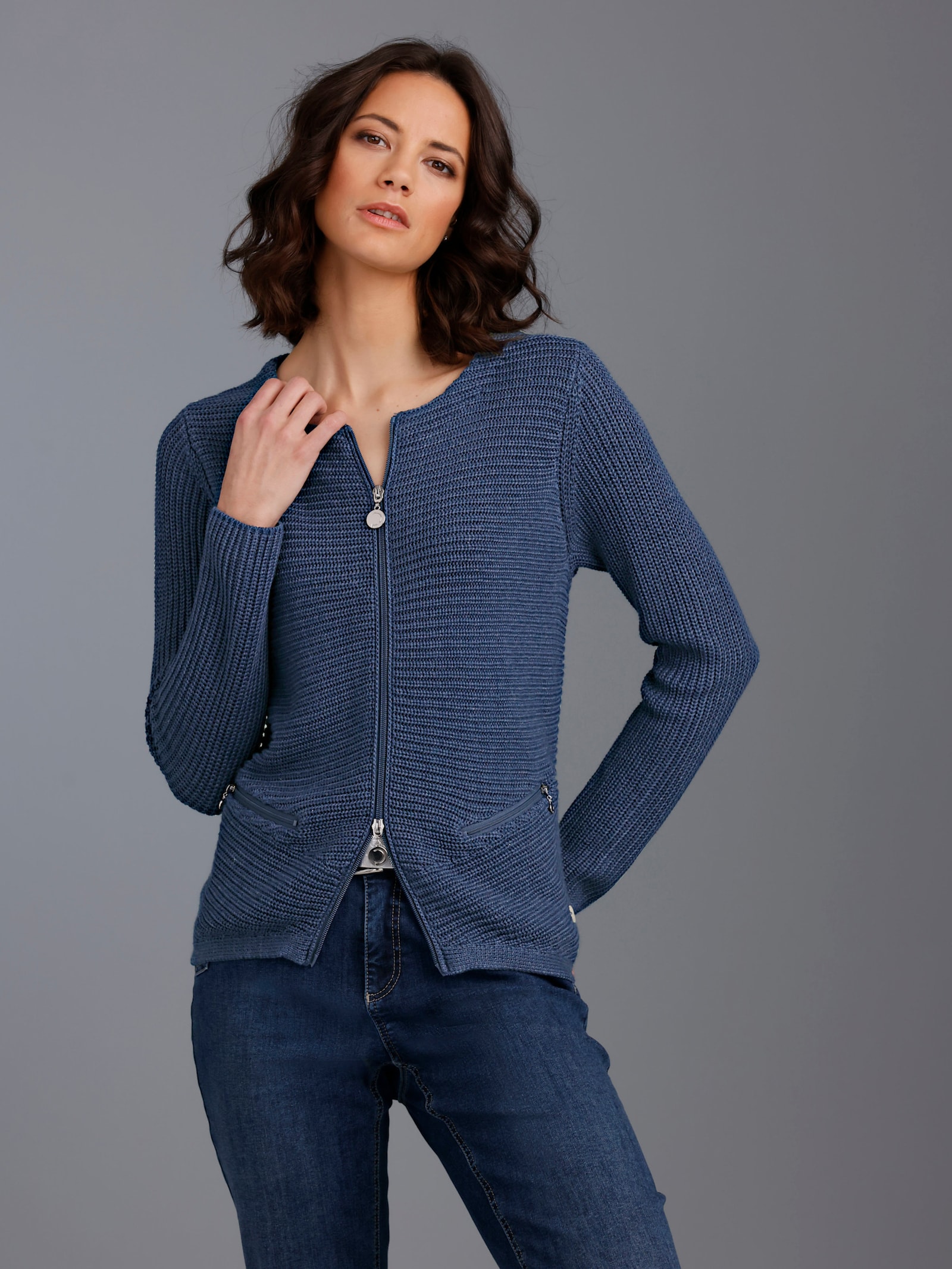 CREATION L PREMIUM Strickjacke mit Lyocell-Anteil - jeansblau-meliert