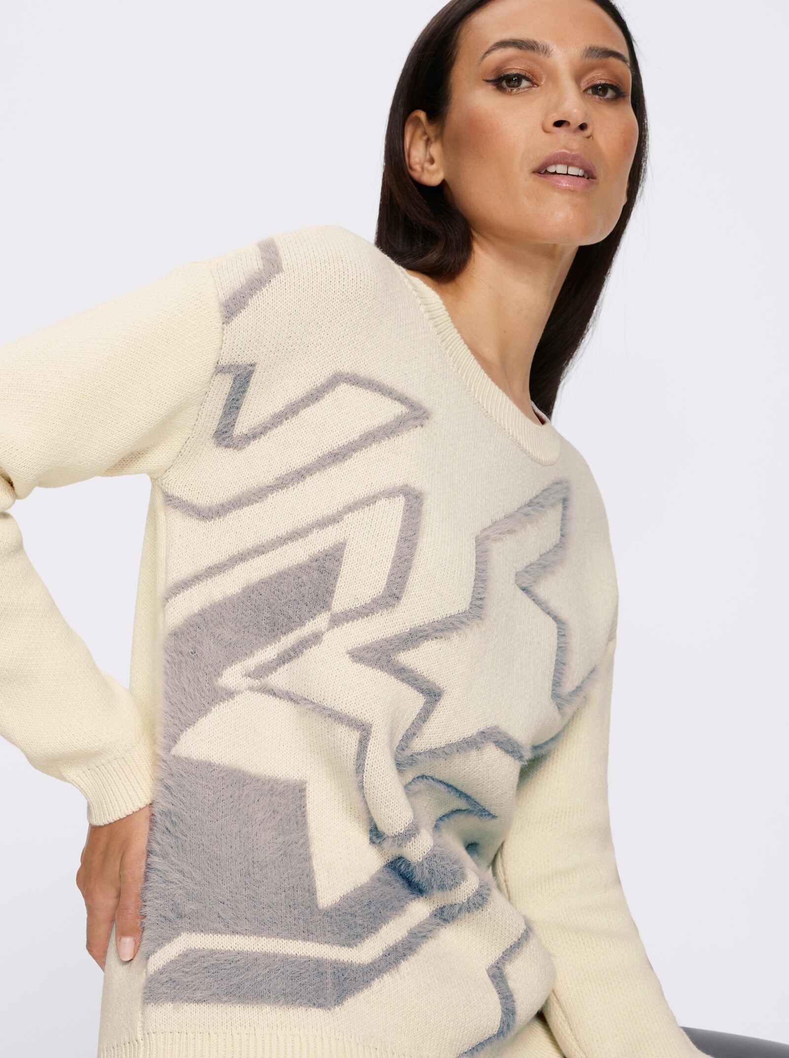 heine Langarm-Pullover Mit Flauschgarn - steingrau-champagner-gemustert