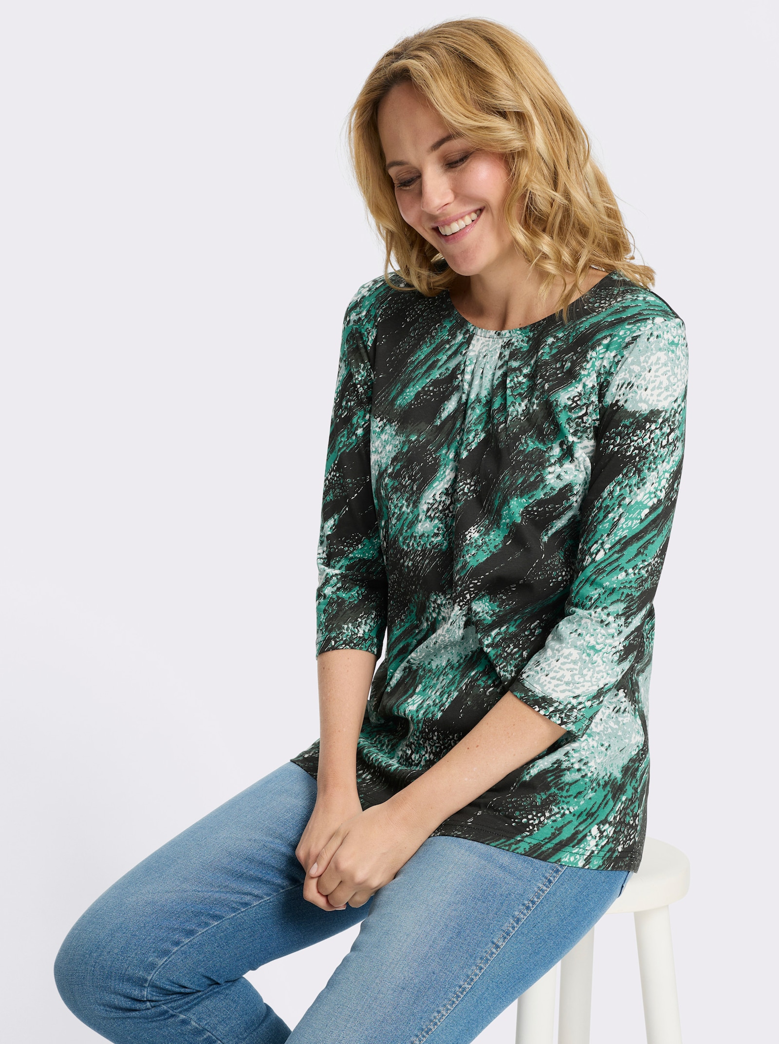 Longshirt mit 3/4-Ärmeln - schwarz-smaragd-bedruckt