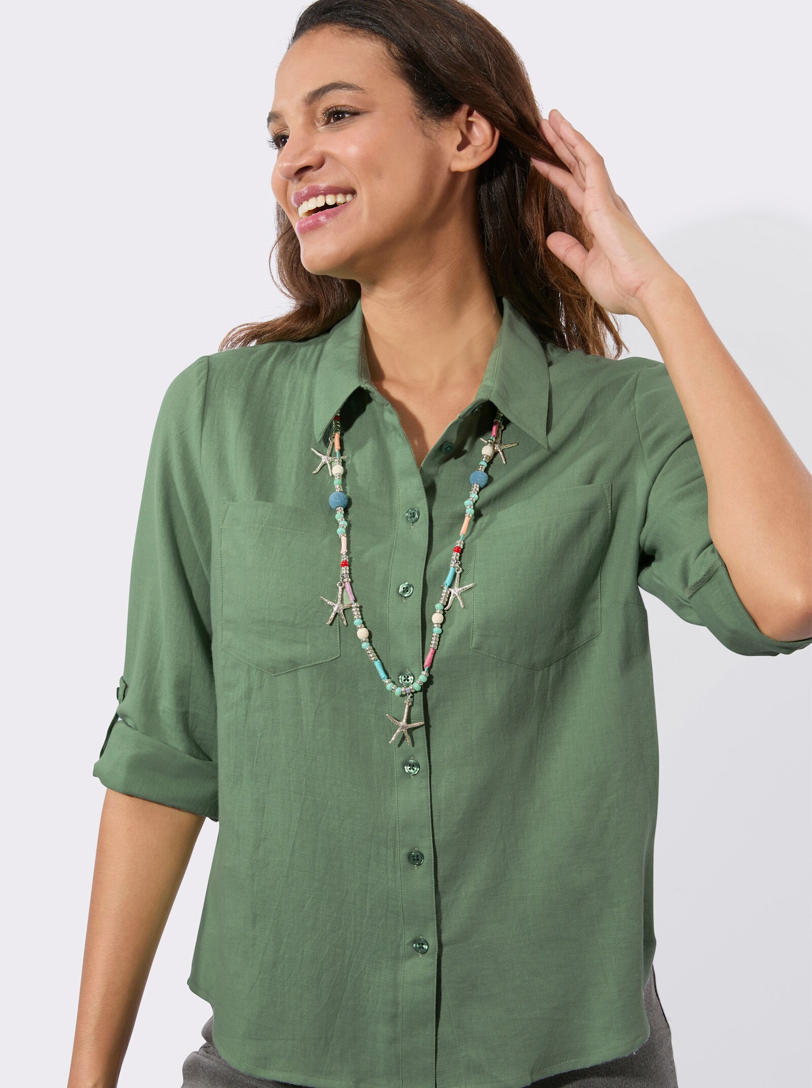 Flanellbluse mit Karomuster-Details - eucalyptus