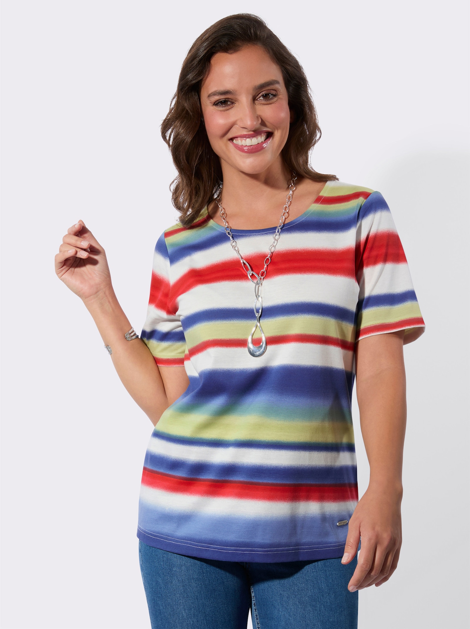 Print-Shirt im Ringel-Dessin - jeansblau-rot-bedruckt