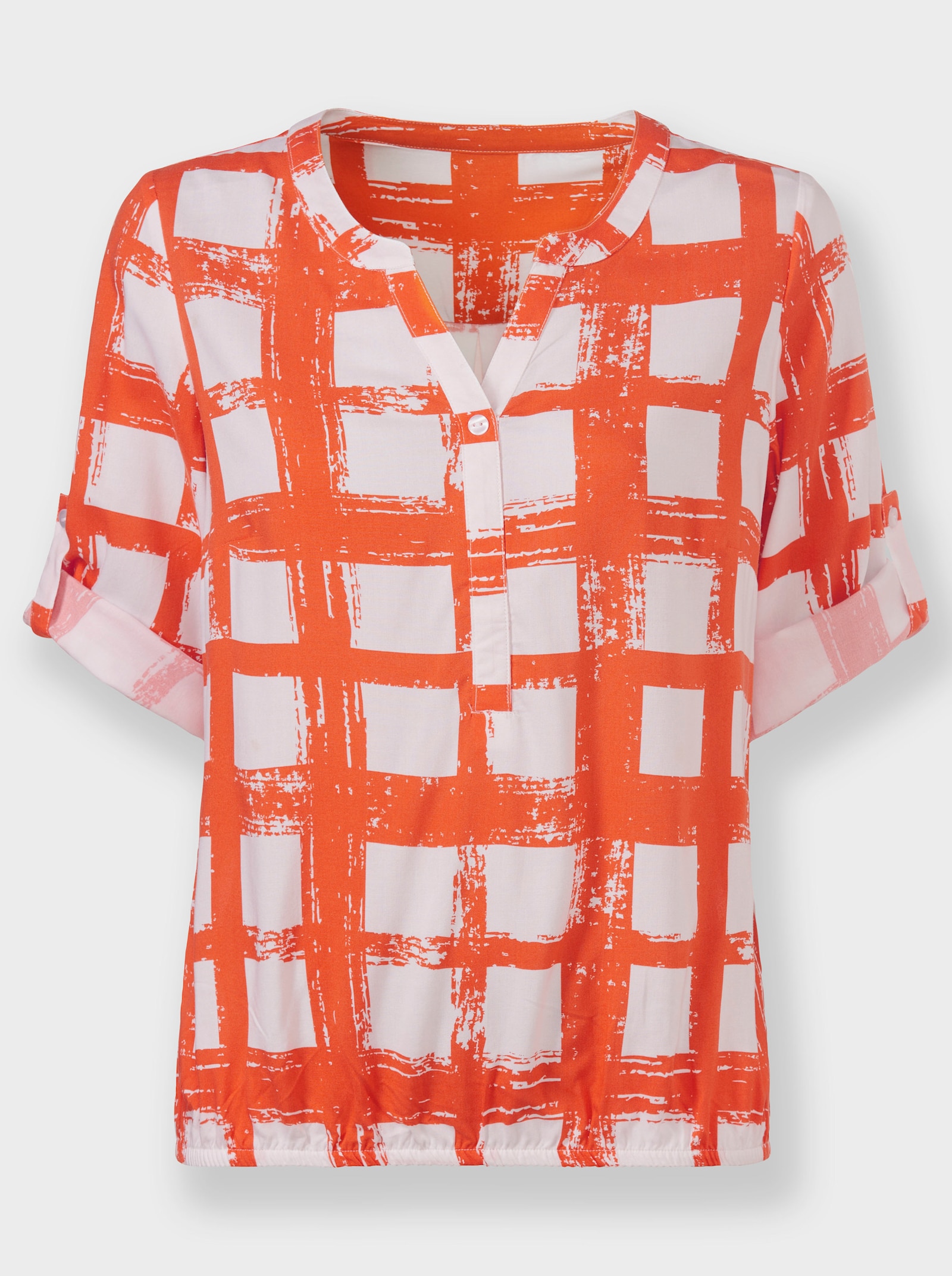 Comfortblouse met opstroopbare mouwen - oranje/wit bedrukt