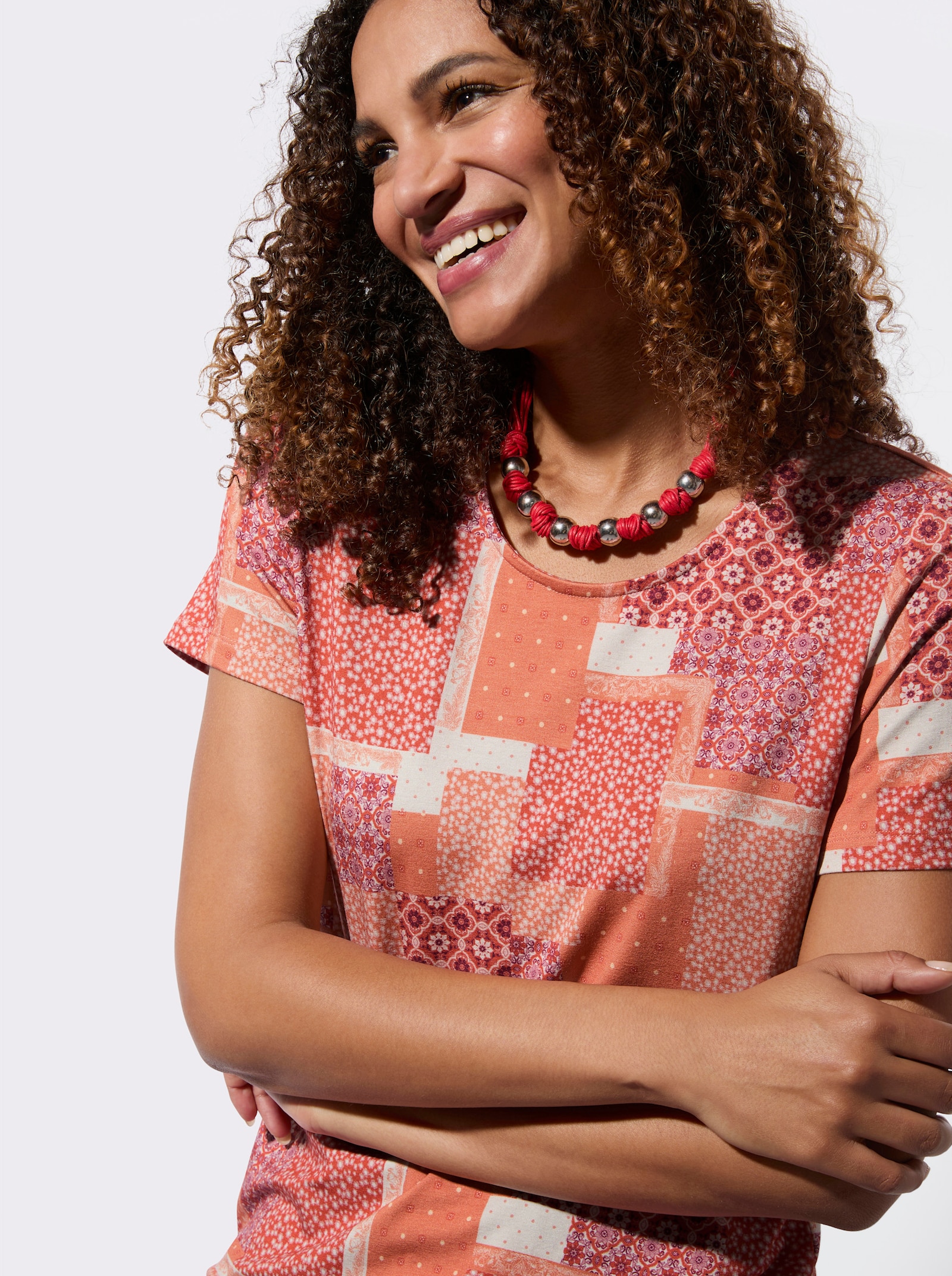 Print-Shirt mit Patchwork-Dessin - champagner-papaya-bedruckt