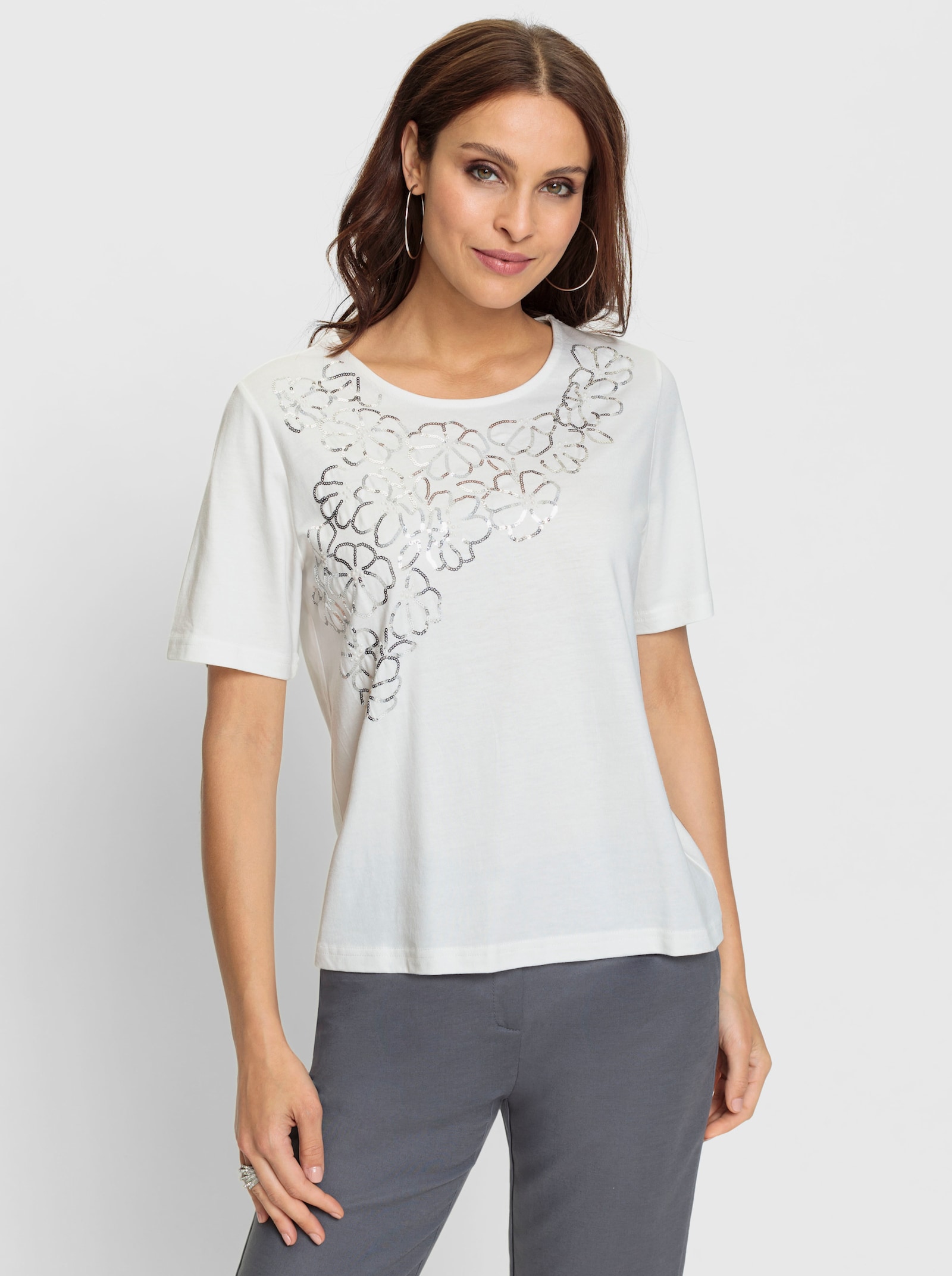 Kurzarmshirt mit Ziersteinchen - weiß